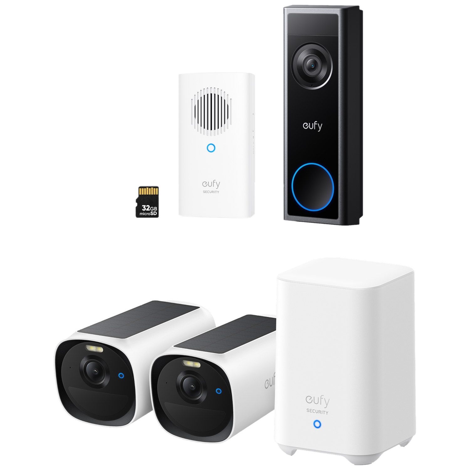 Produits de sécurité Eufy : sonnette, carillon, carte SD, deux caméras, station de base.
