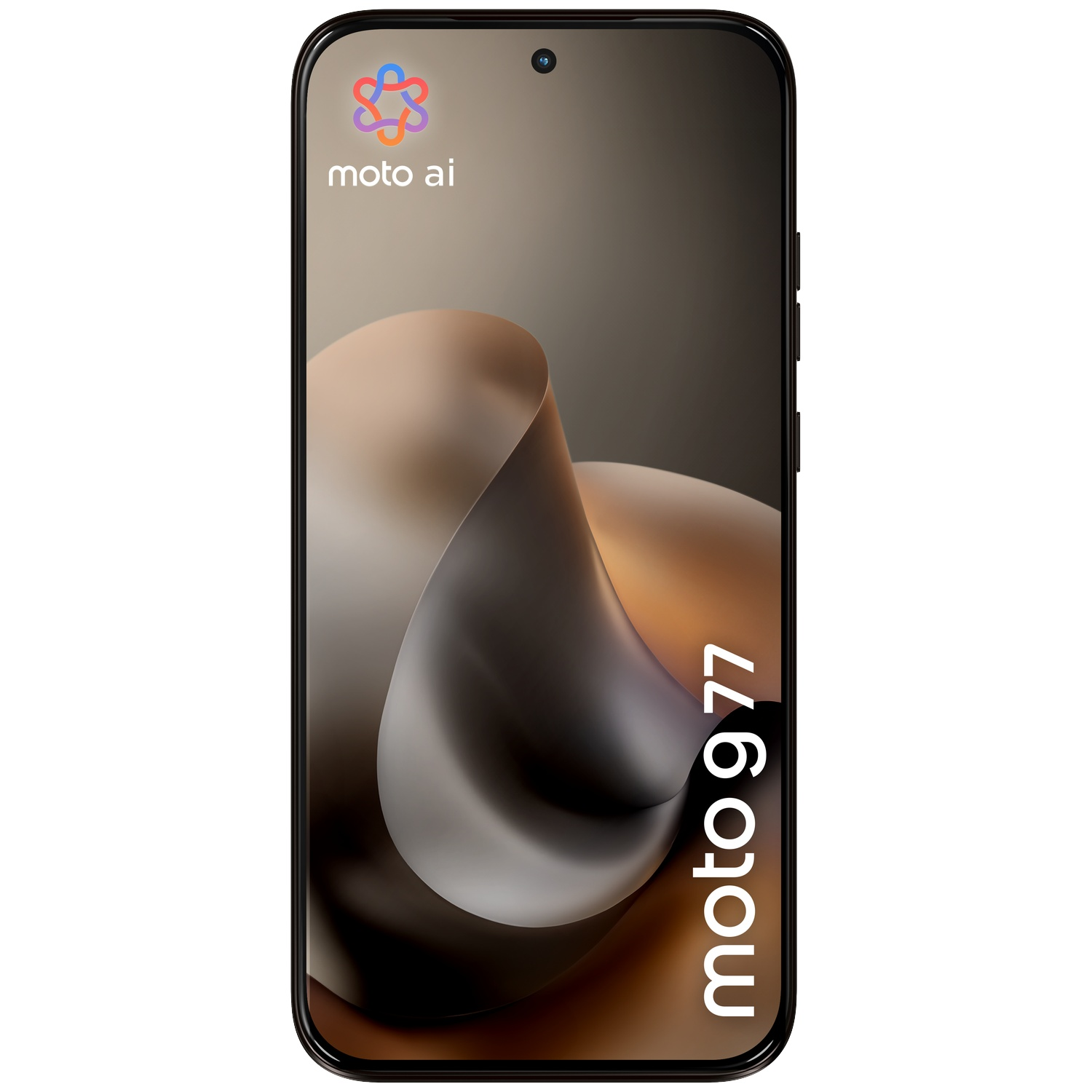 A black smartphone displaying the moto ai logo and 'moto 9 77' text.