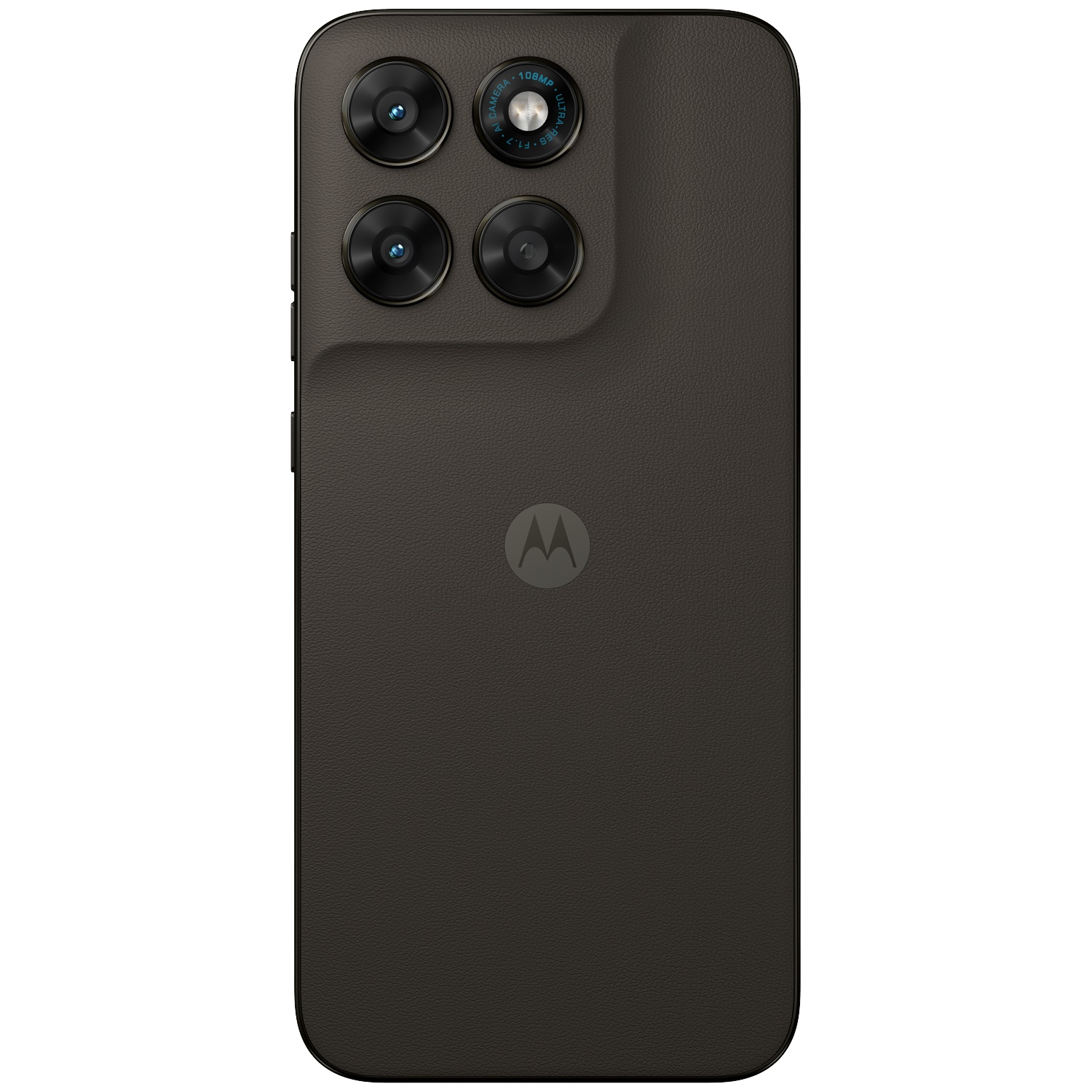 Back of a dark Motorola smartphone with four cameras and logo.