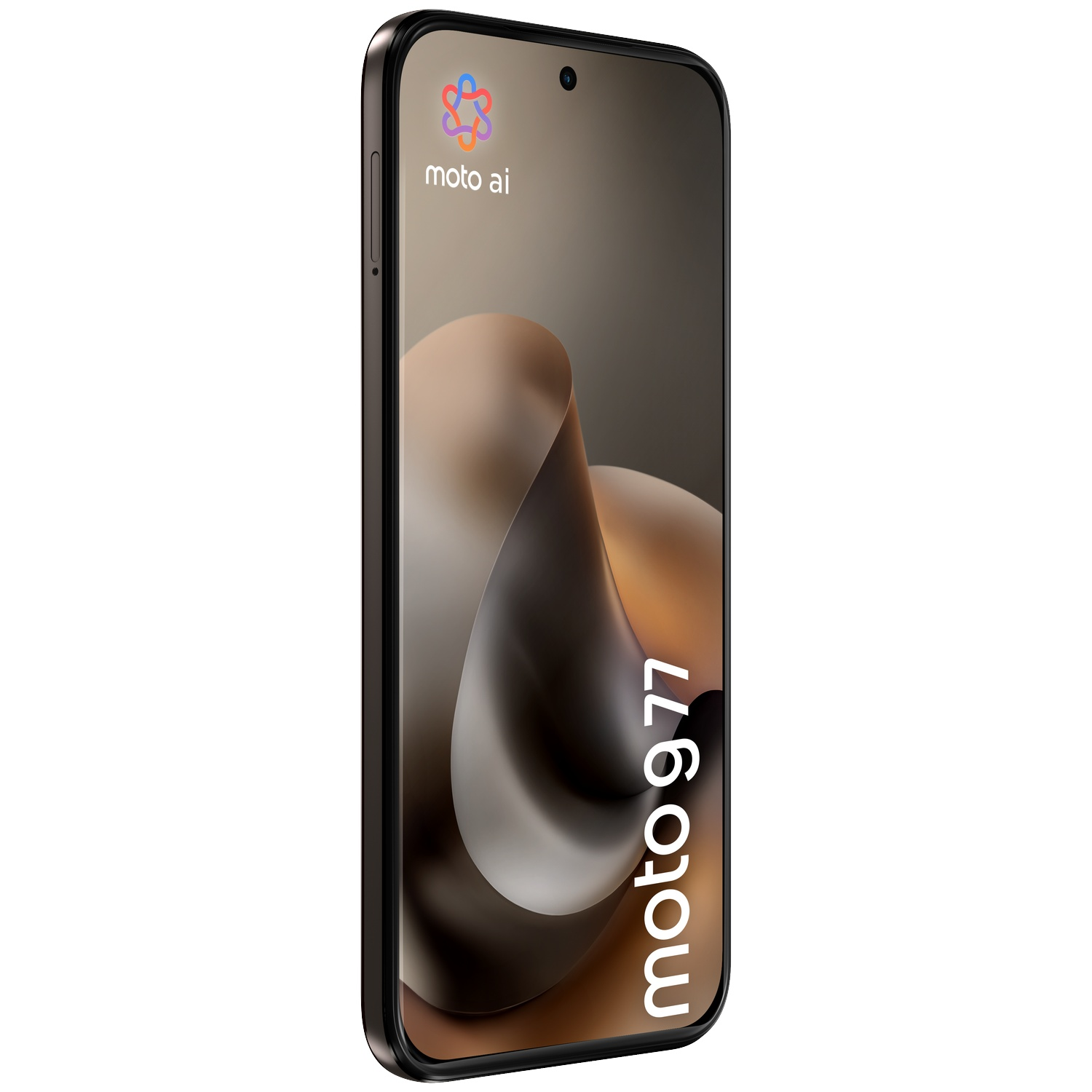 A black smartphone with a colorful logo and "moto 977" text.