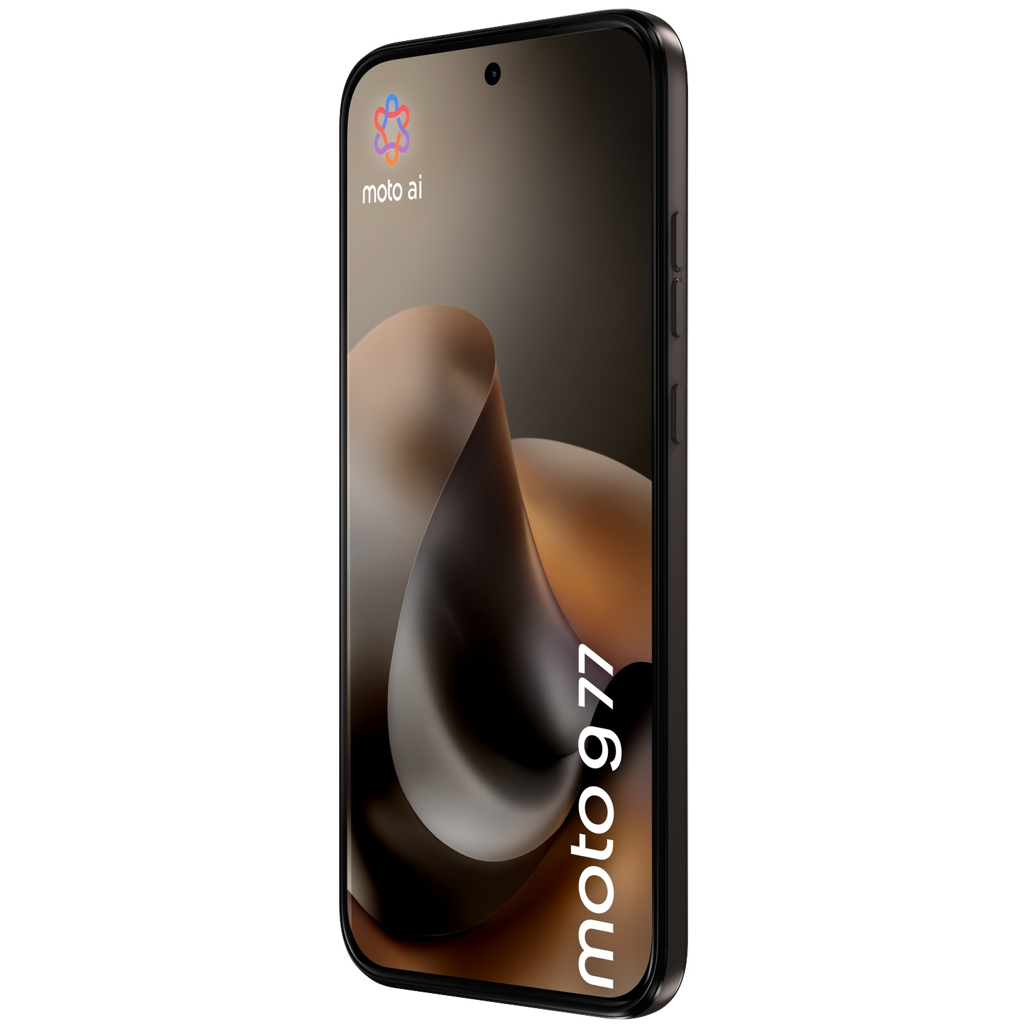 A black smartphone displaying "moto 977" text and the Moto AI logo.