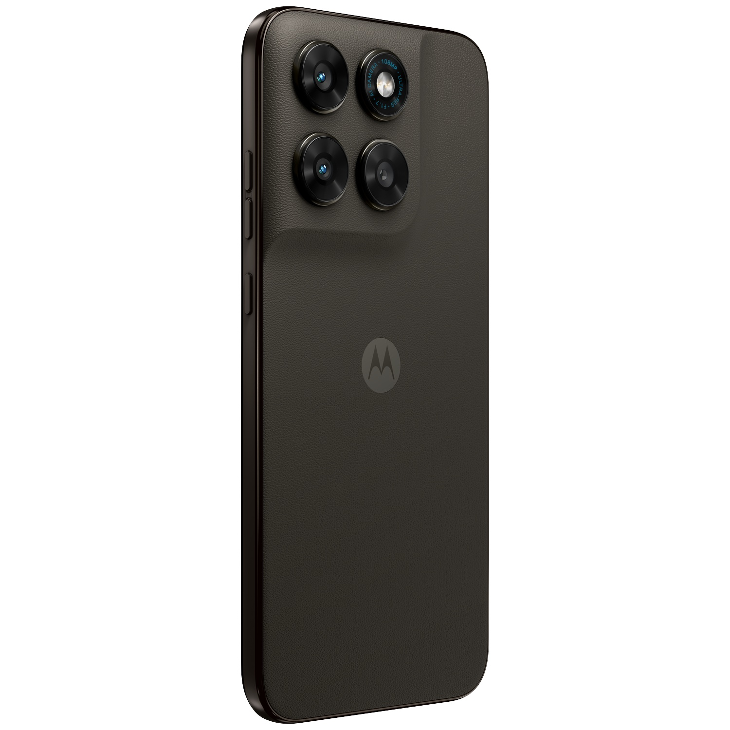 Back of a dark smartphone with four camera lenses and Motorola logo.