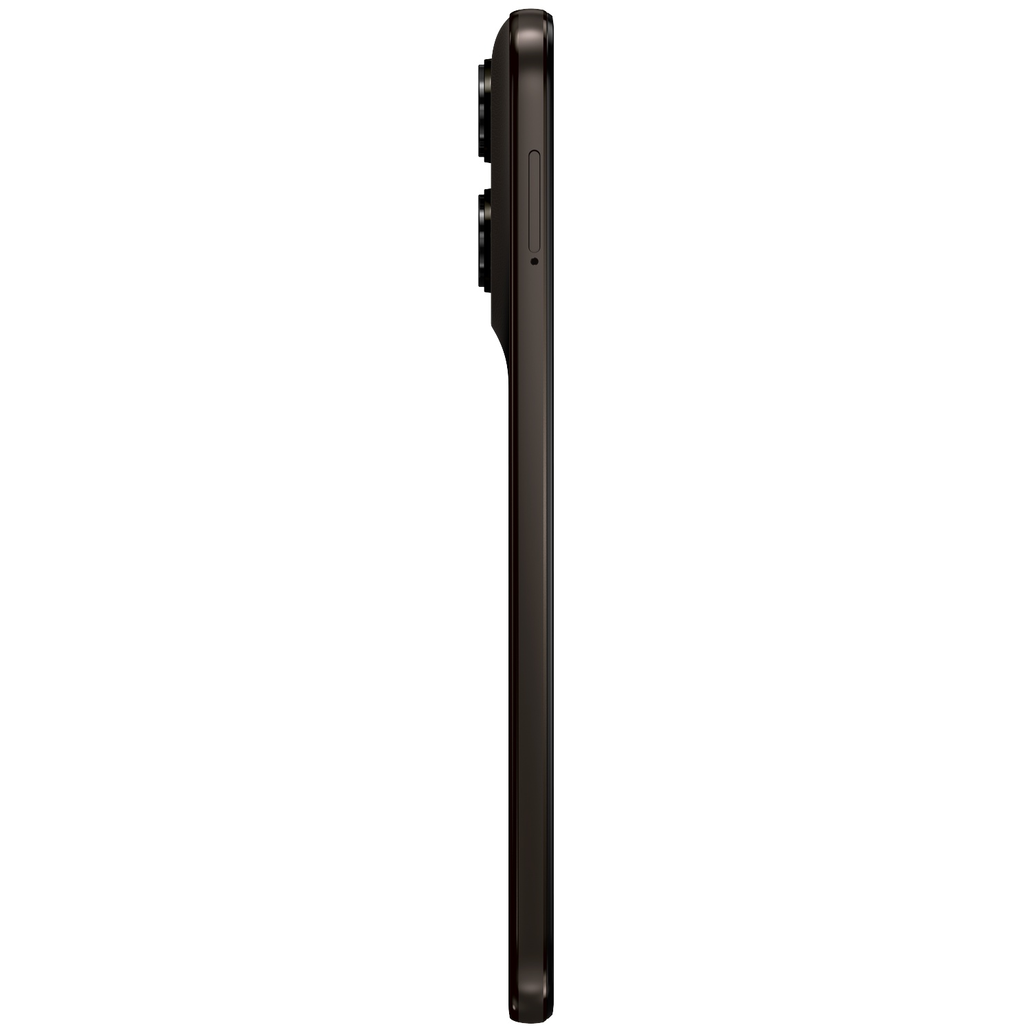 Dark gray smartphone viewed from the side, showing the rear camera.