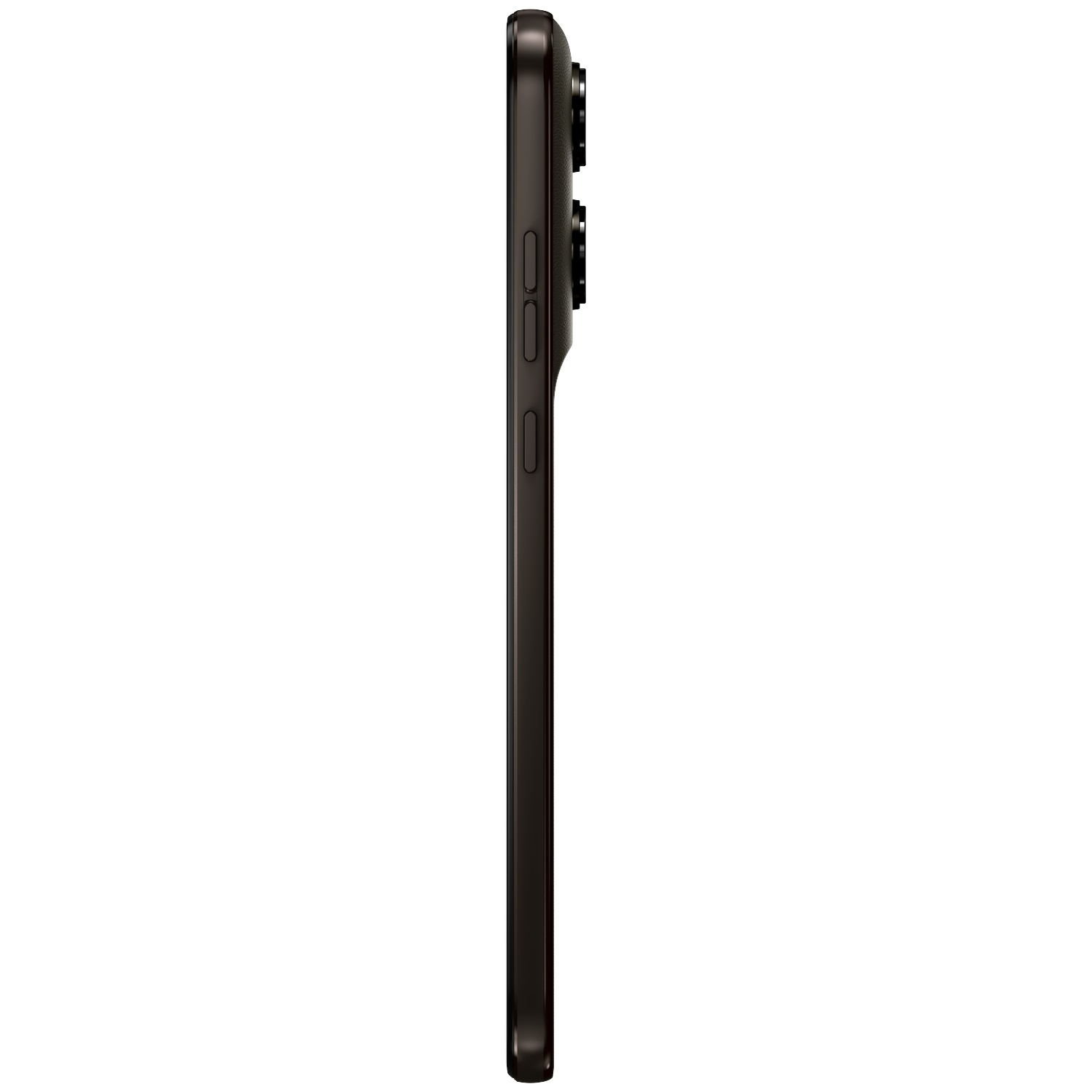 Dark gray smartphone shown in profile with cameras on the back.
