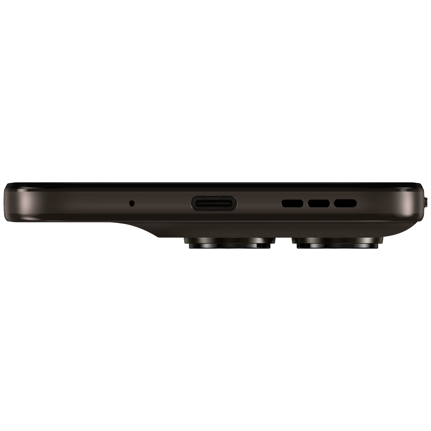 Close-up of a dark smartphone frame showing ports and camera lenses.