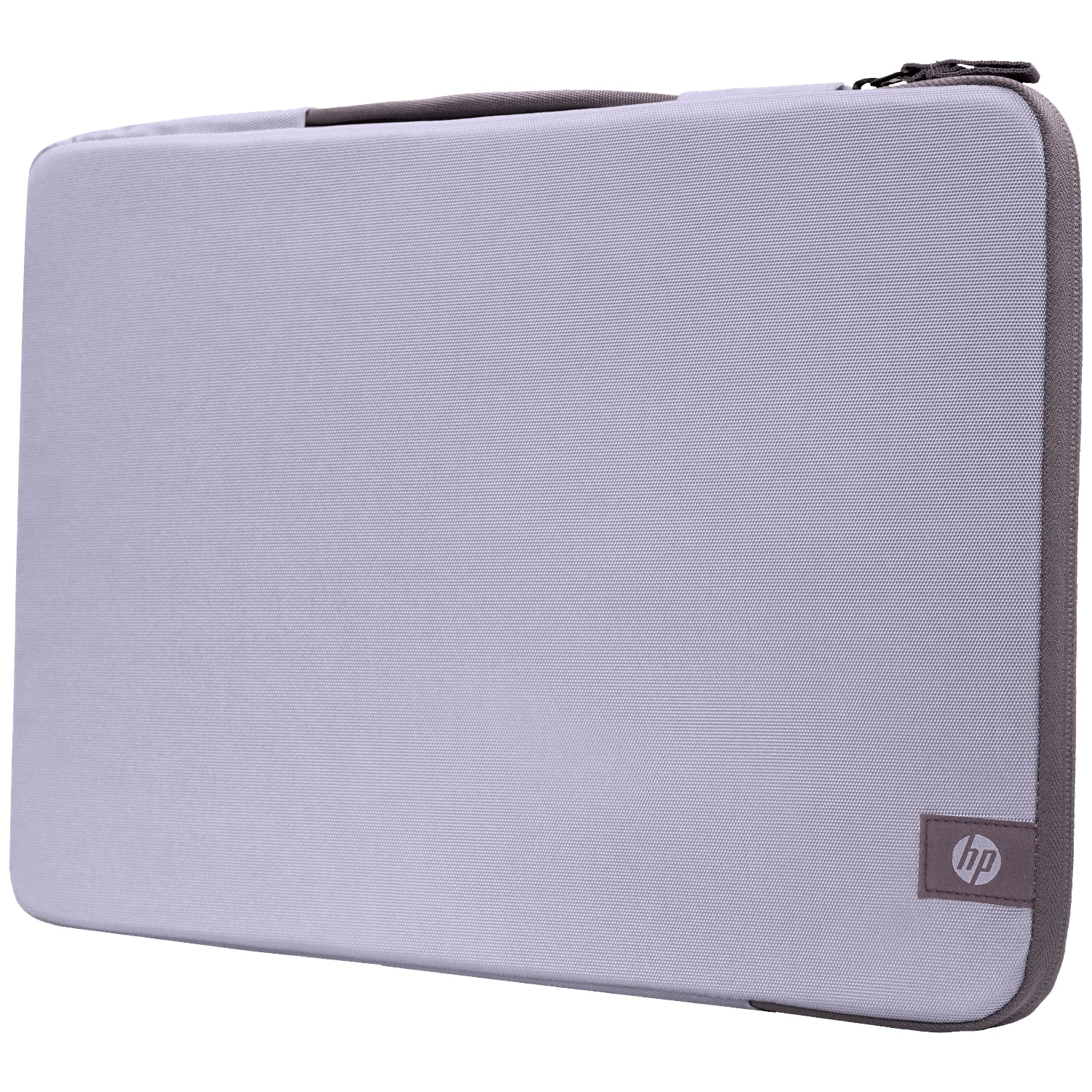 Lichtgrijze HP laptoptas met rits en handvat.