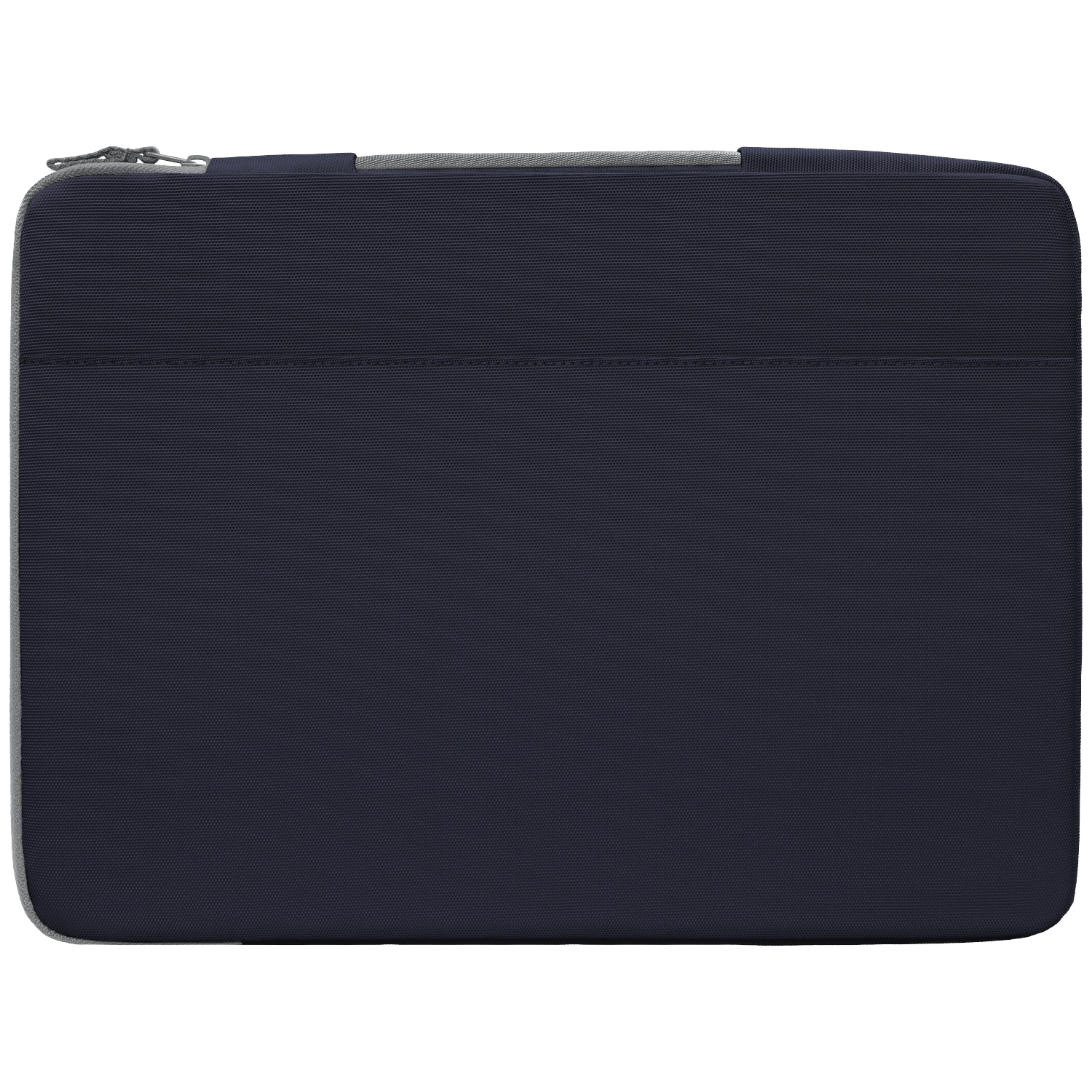 Donkerblauwe laptophoes met rits en grijze accenten.