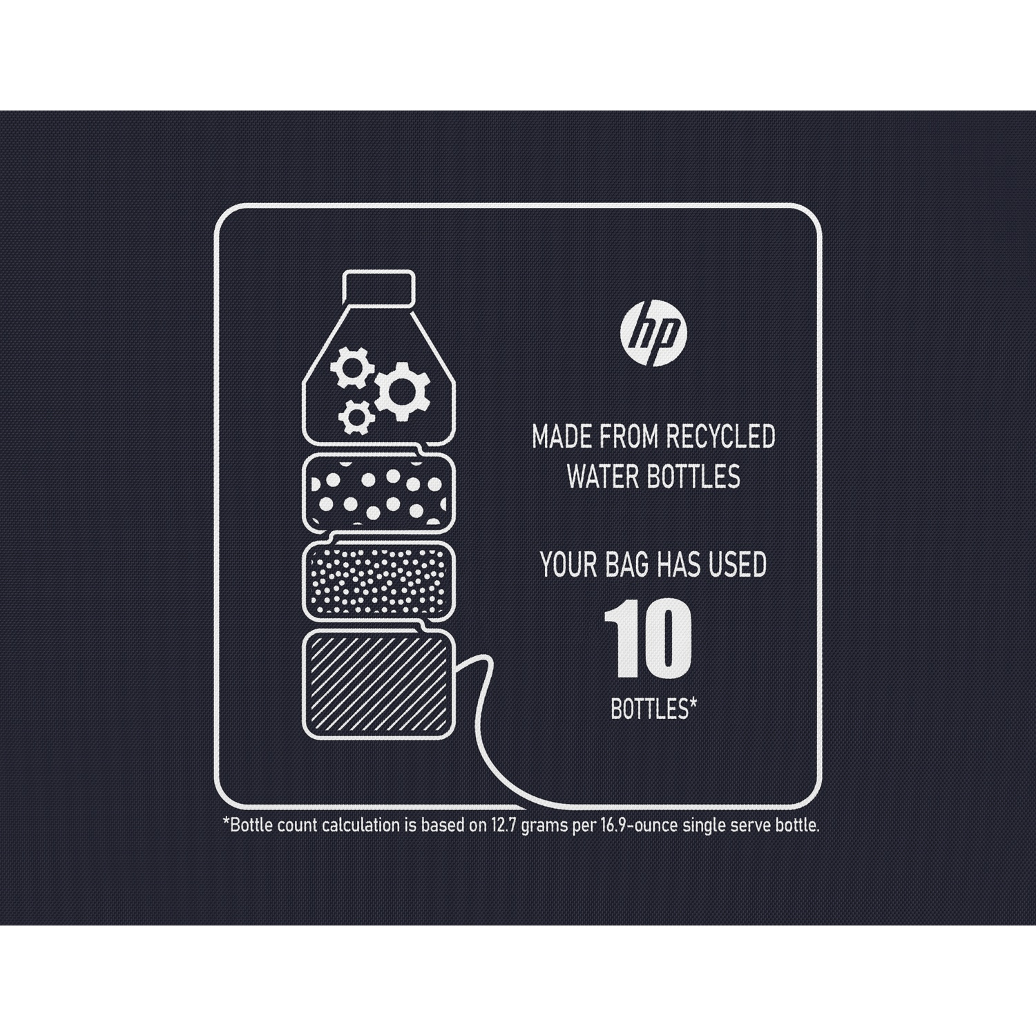 Grafiek: 10 gerecyclede waterflessen, HP-logo, tekst 'Gemaakt van gerecyclede waterflessen'.