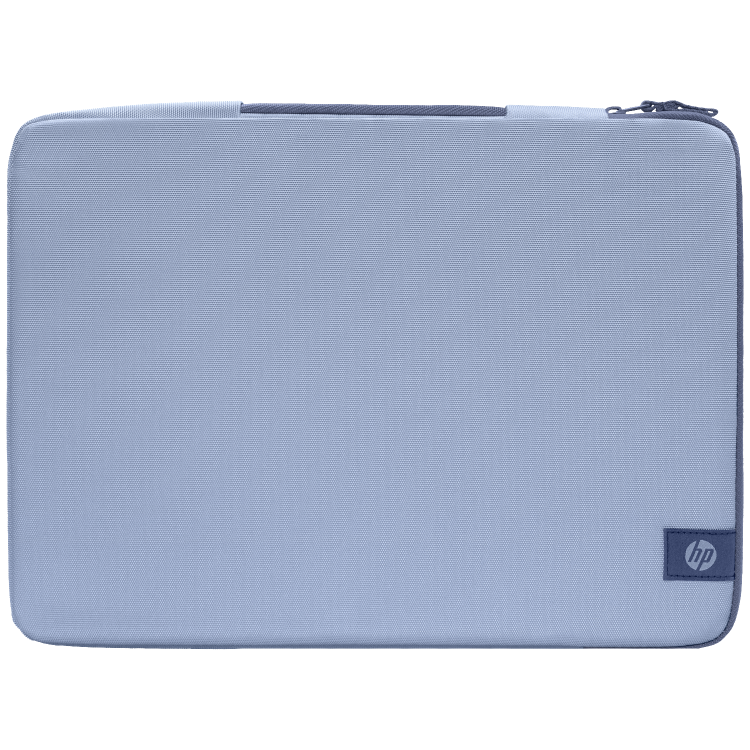Lichtblauwe HP laptoptas met rits en logo.