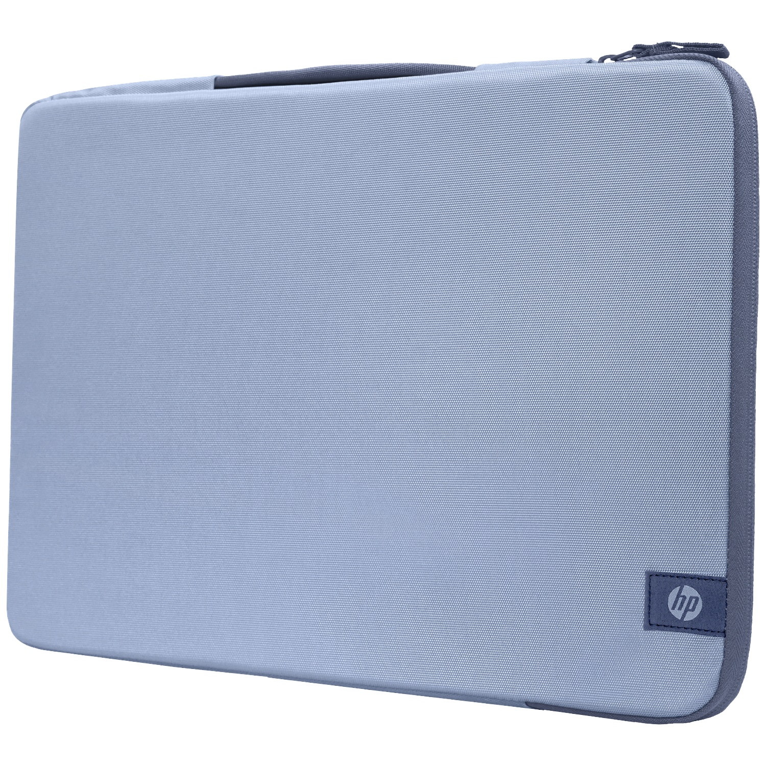 Een lichtblauwe HP laptoptas met rits en handvat.