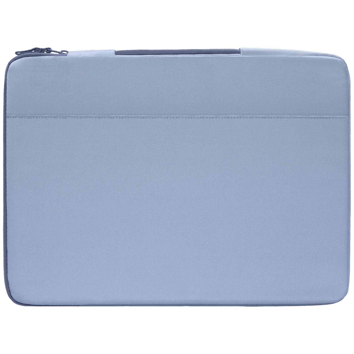 Lichtblauwe laptoptas met rits en handvat.
