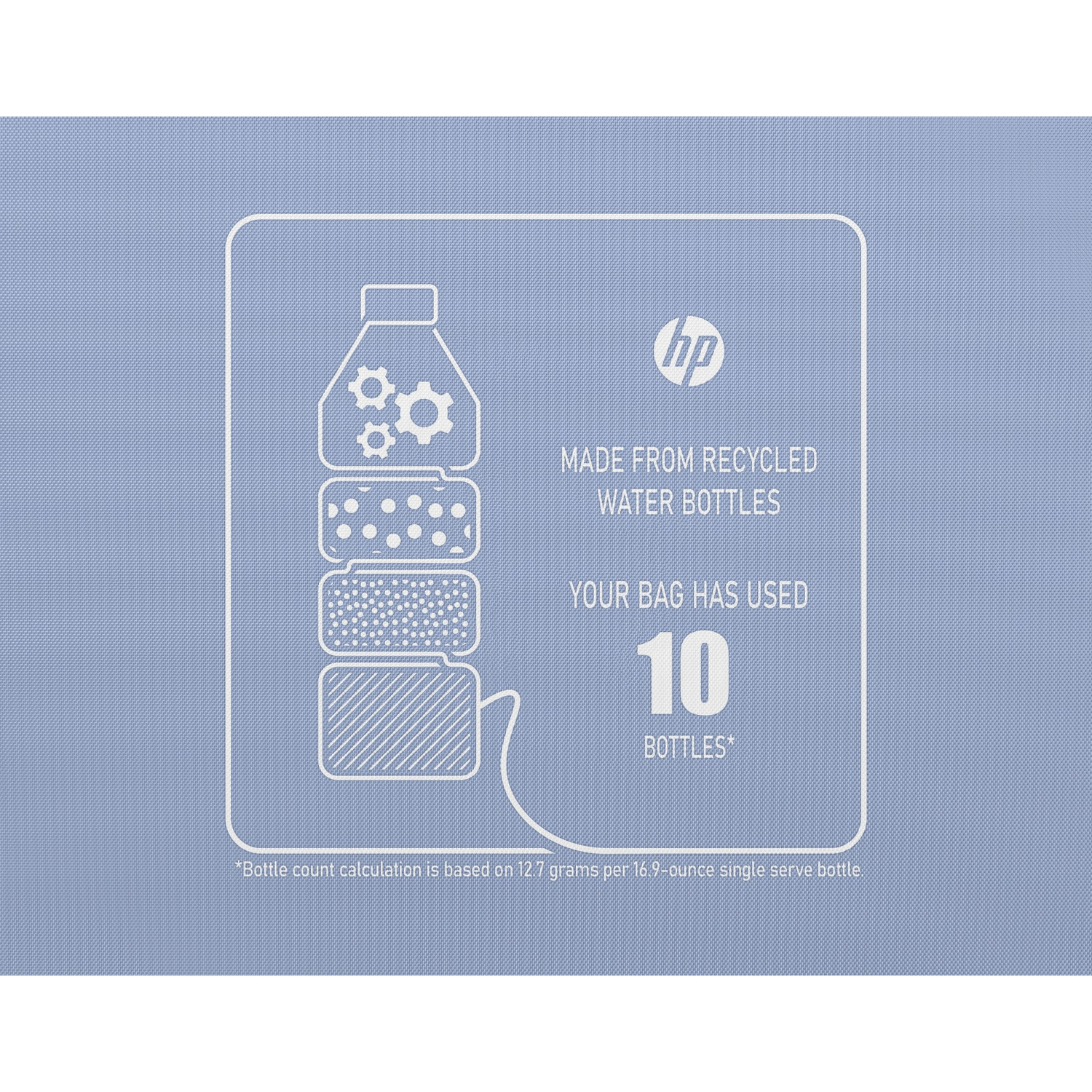 HP-logo en tekst: Gemaakt van gerecyclede waterflessen. Je tas heeft 10 flessen gebruikt.