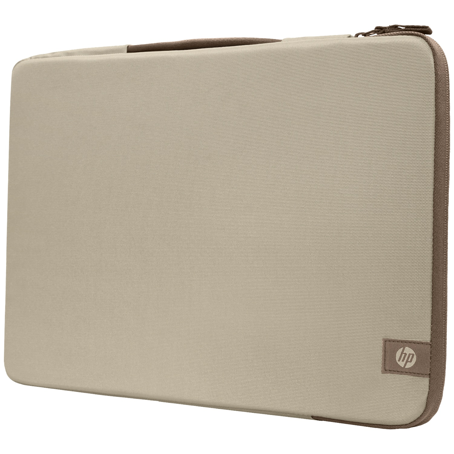 Een beige laptop sleeve met bruine rits en HP-logo.