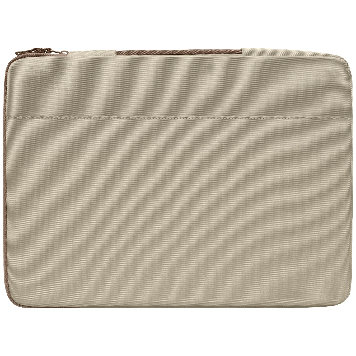 Een beige laptoptas met bruine rits en handvat.