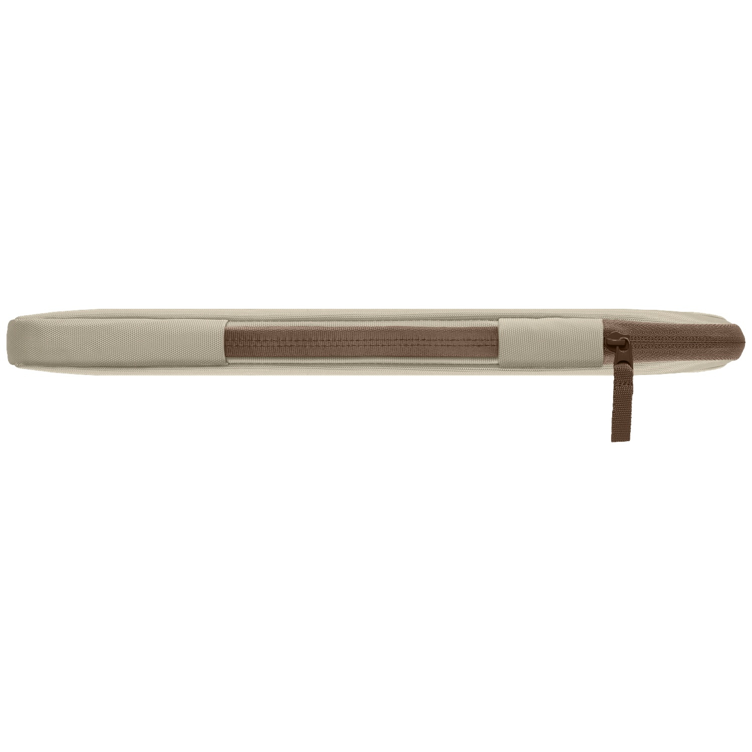 Een beige laptoptas met bruine rits en handvat.