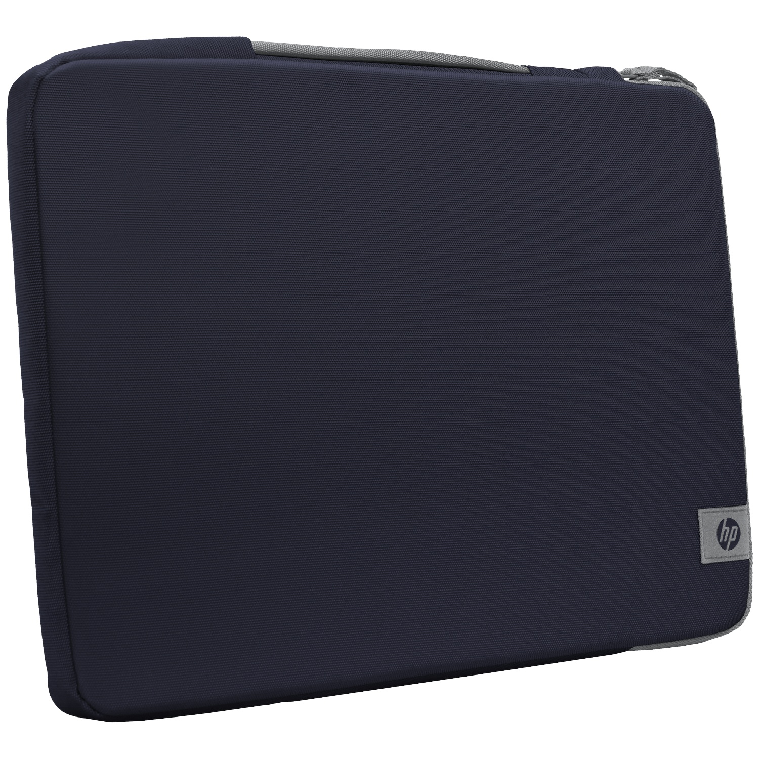 Donkerblauwe laptoptas met HP-logo, ritssluiting bovenaan.
