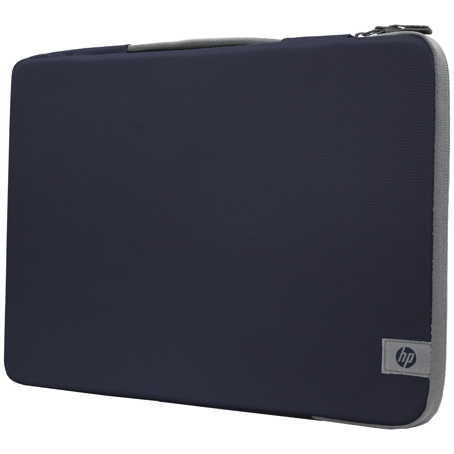 Donkerblauwe HP laptoptas met grijze rits en rand.