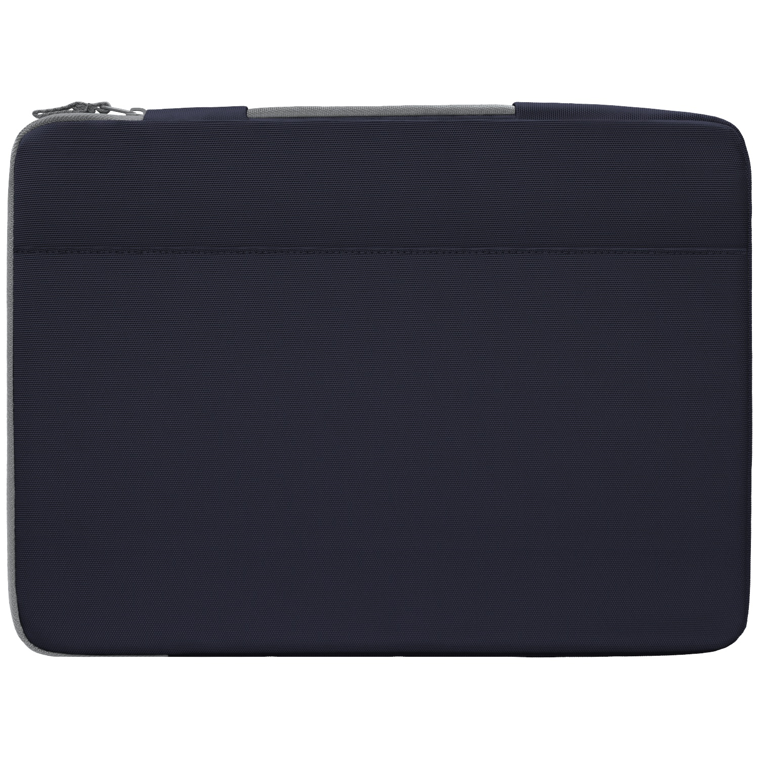 Donkerblauwe laptoptas met grijze rits en stoffen handvat.
