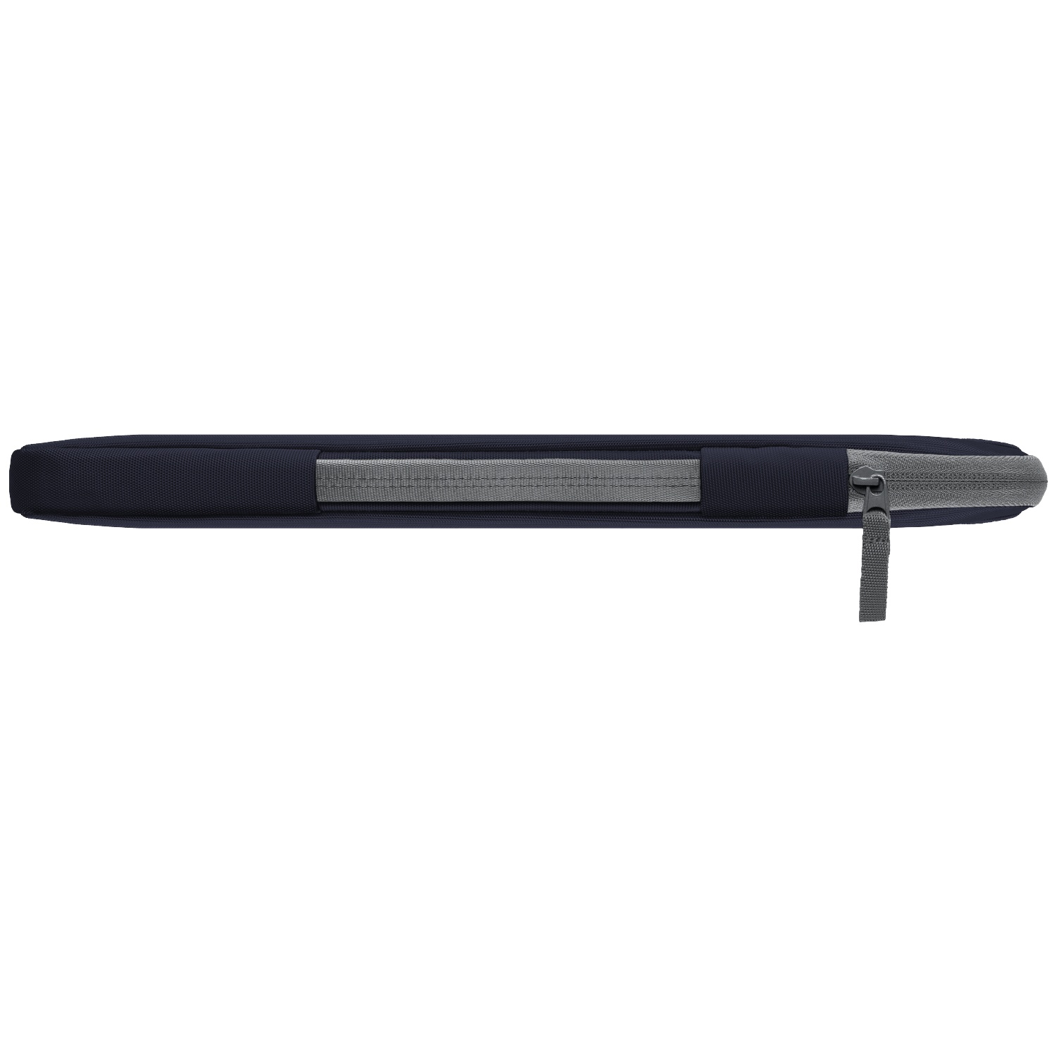 Donkerblauwe laptoptas met rits en handvat.