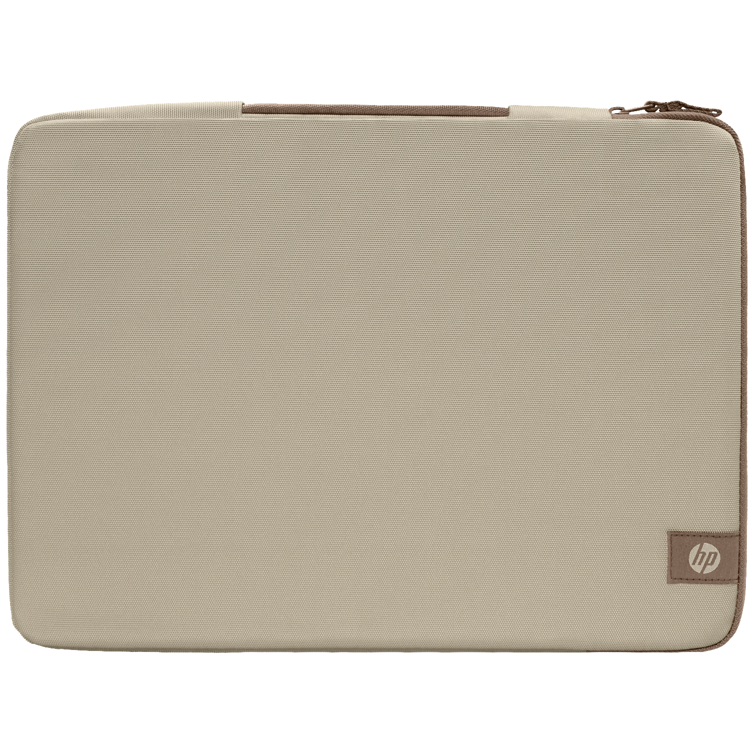 Een beige laptophoes van HP met ritssluiting en bruine rand.