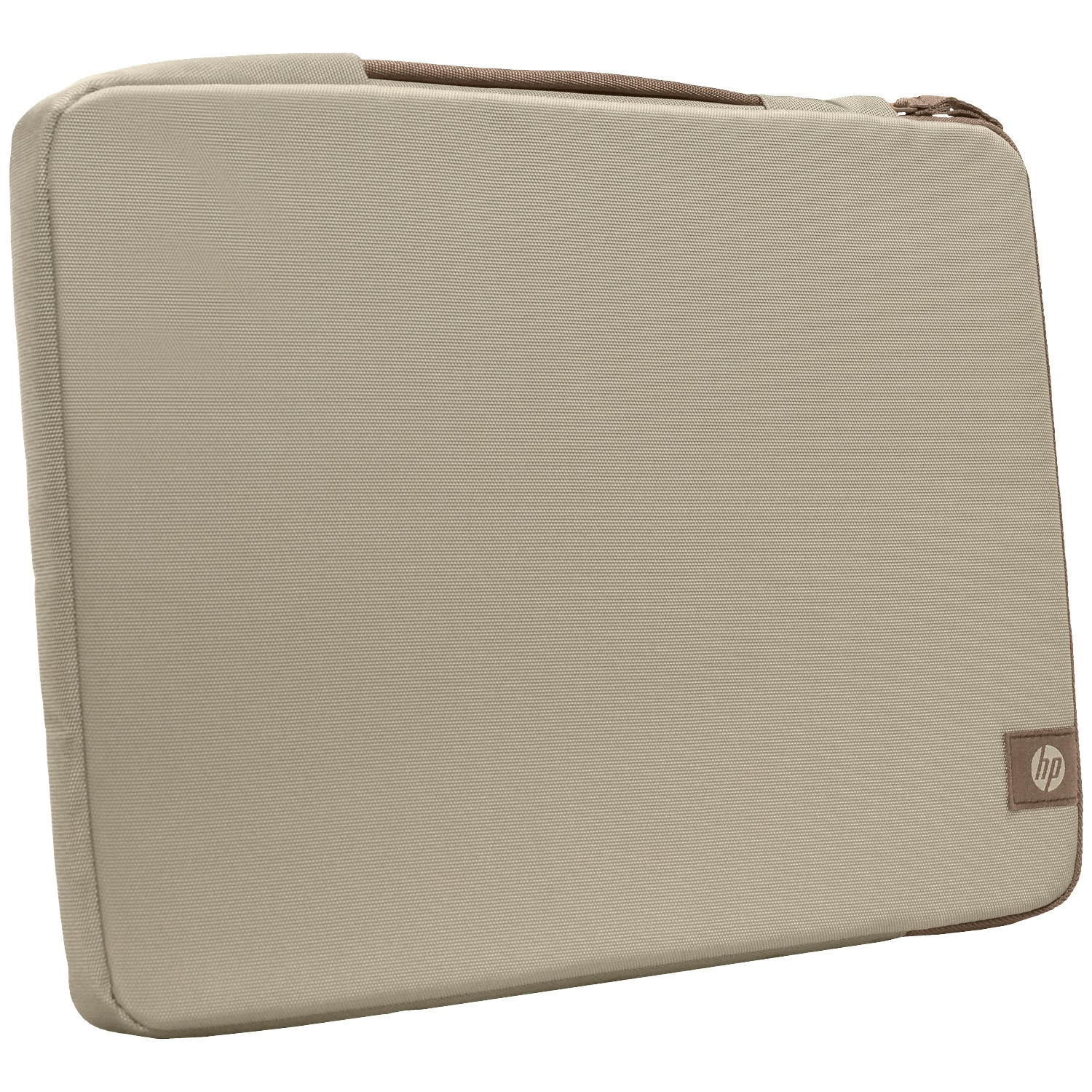 Een beige laptophoes met bruine rits en HP-logo.