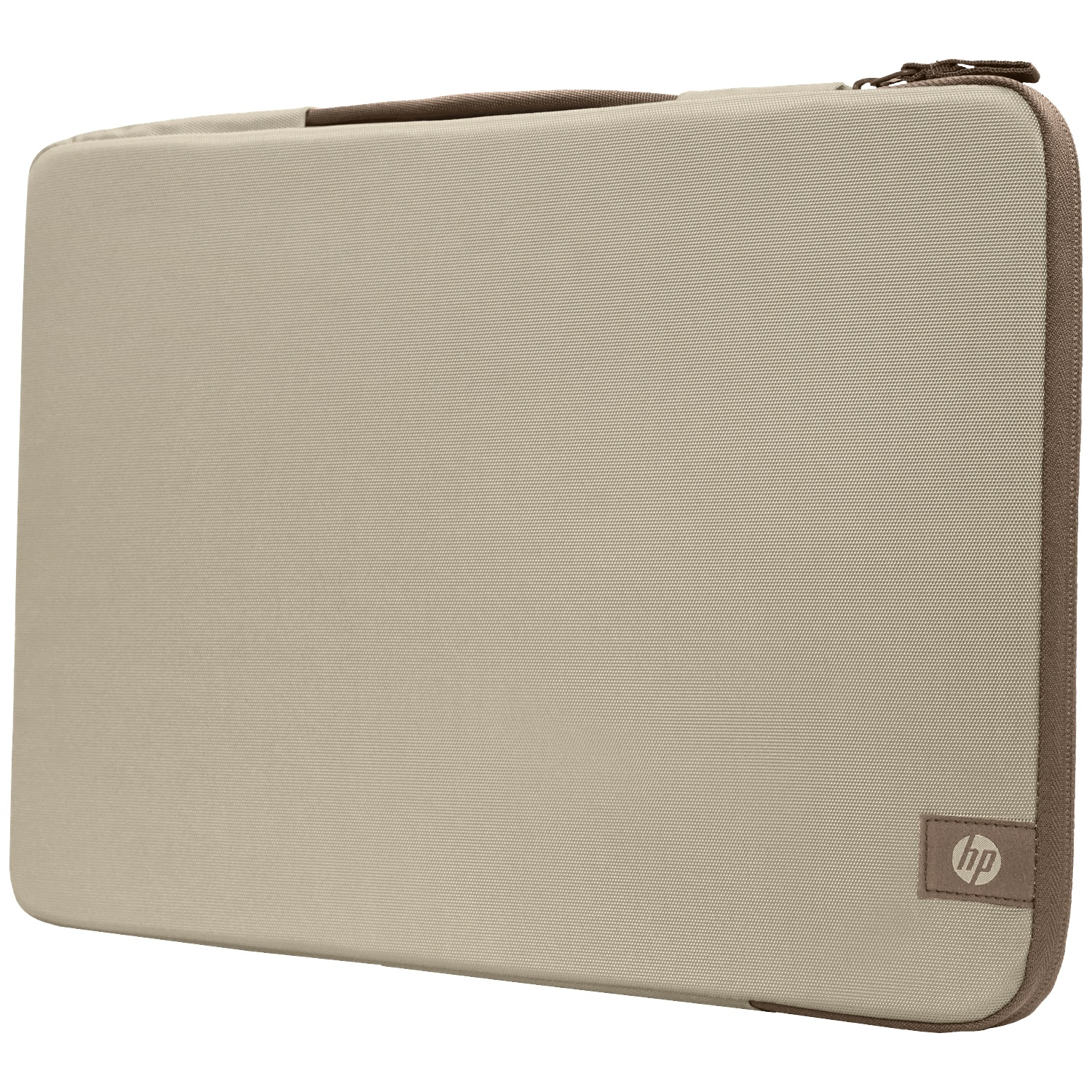 Een beige HP laptoptas met bruine randen en ritssluiting.