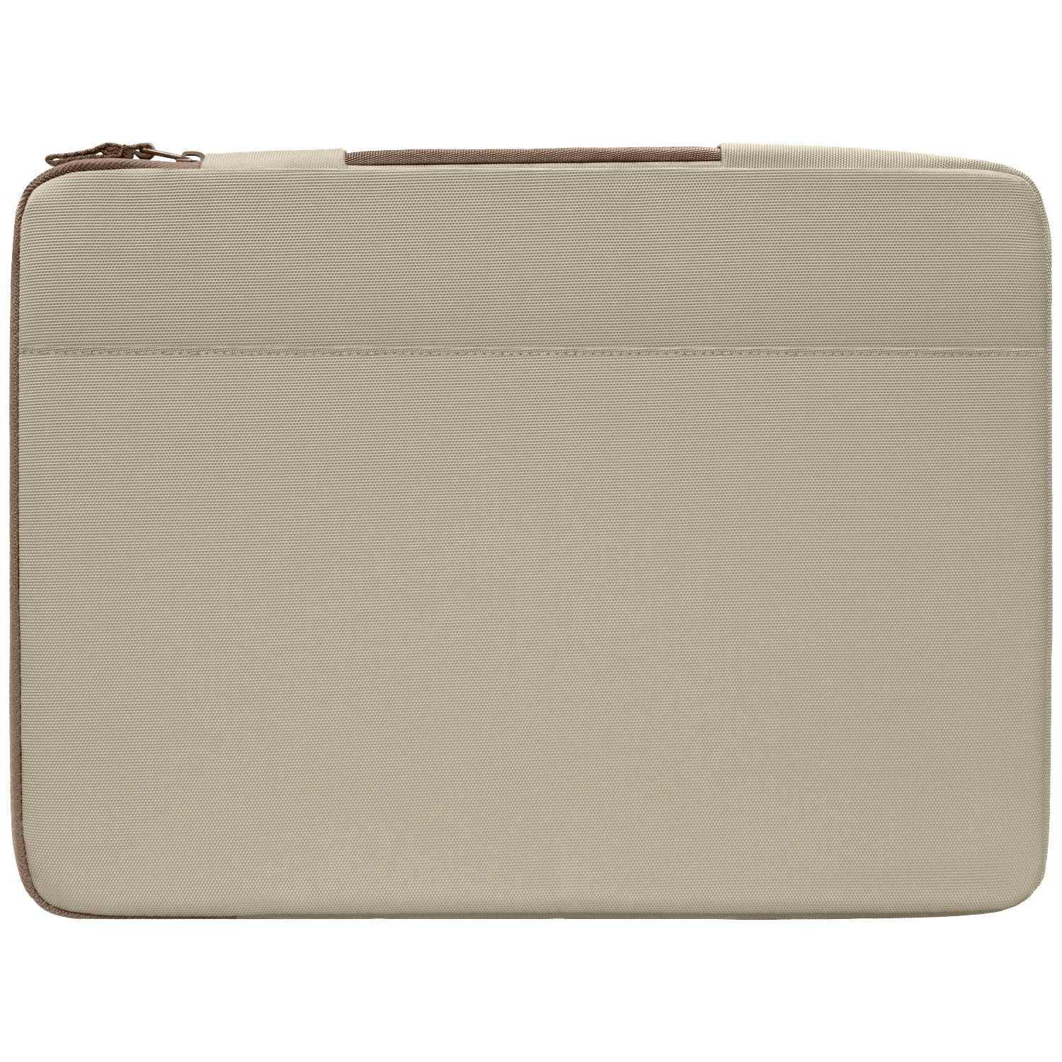 Een beige laptophoes met bruine rits en handvat.