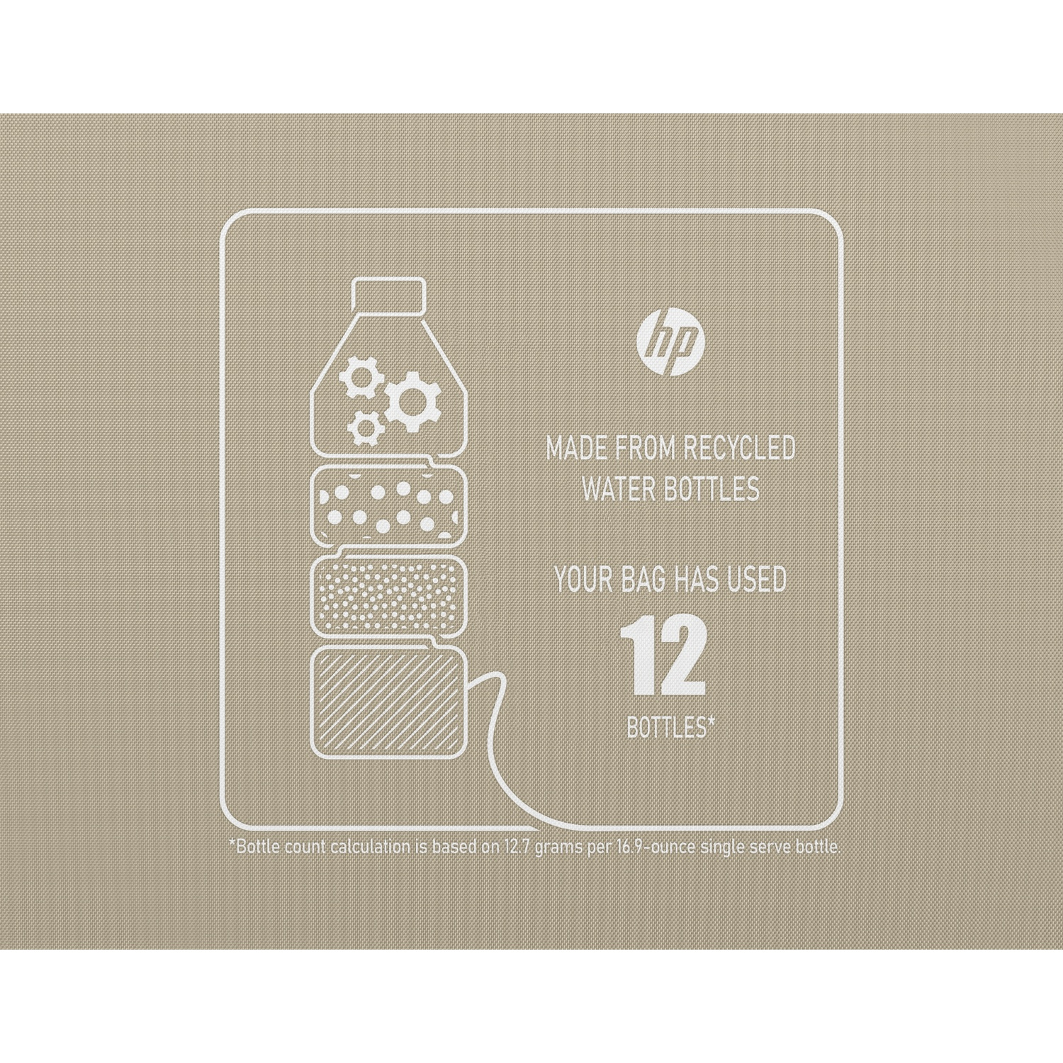 HP-logo, 12 gerecyclede waterflessen, gemaakt van gerecyclede flessen.
