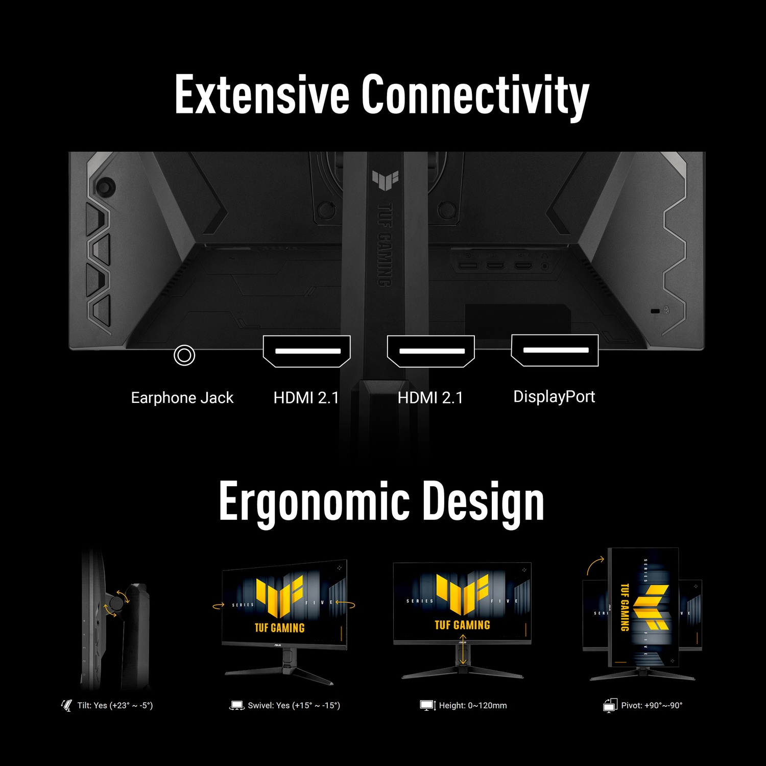 Porte monitor: Cuffie, 2x HDMI 2.1, DisplayPort. Supporto ergonomico: Inclinazione, rotazione, altezza, perno.