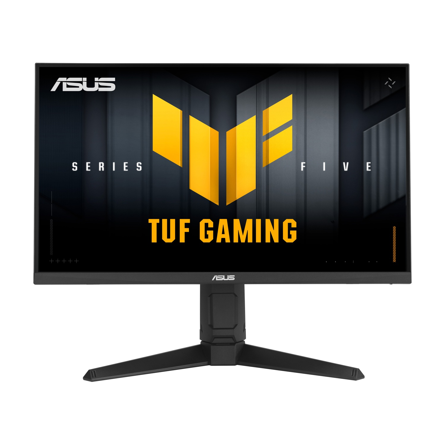 Un monitor gaming Asus nero mostra un logo e testo TUF gialli.