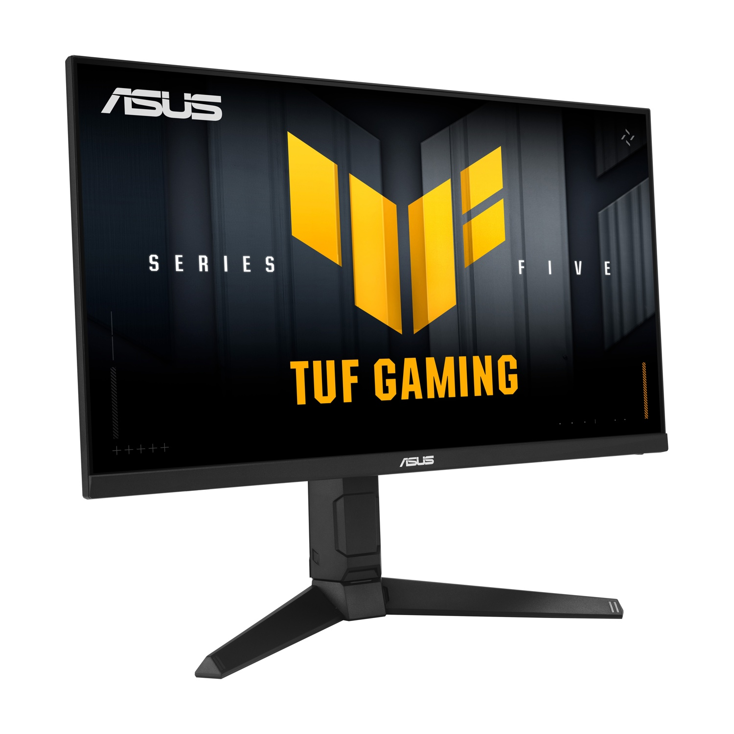 Monitor Asus TUF Gaming nero con logo e testo gialli.