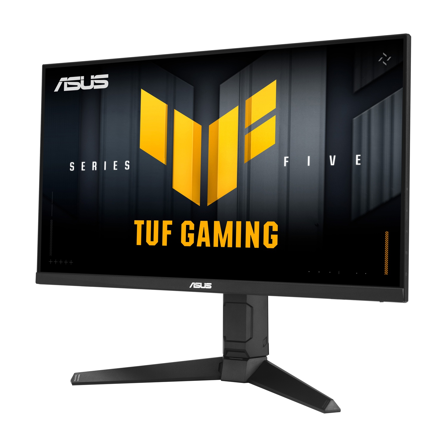 Un monitor nero ASUS TUF Gaming con logo e testo gialli.