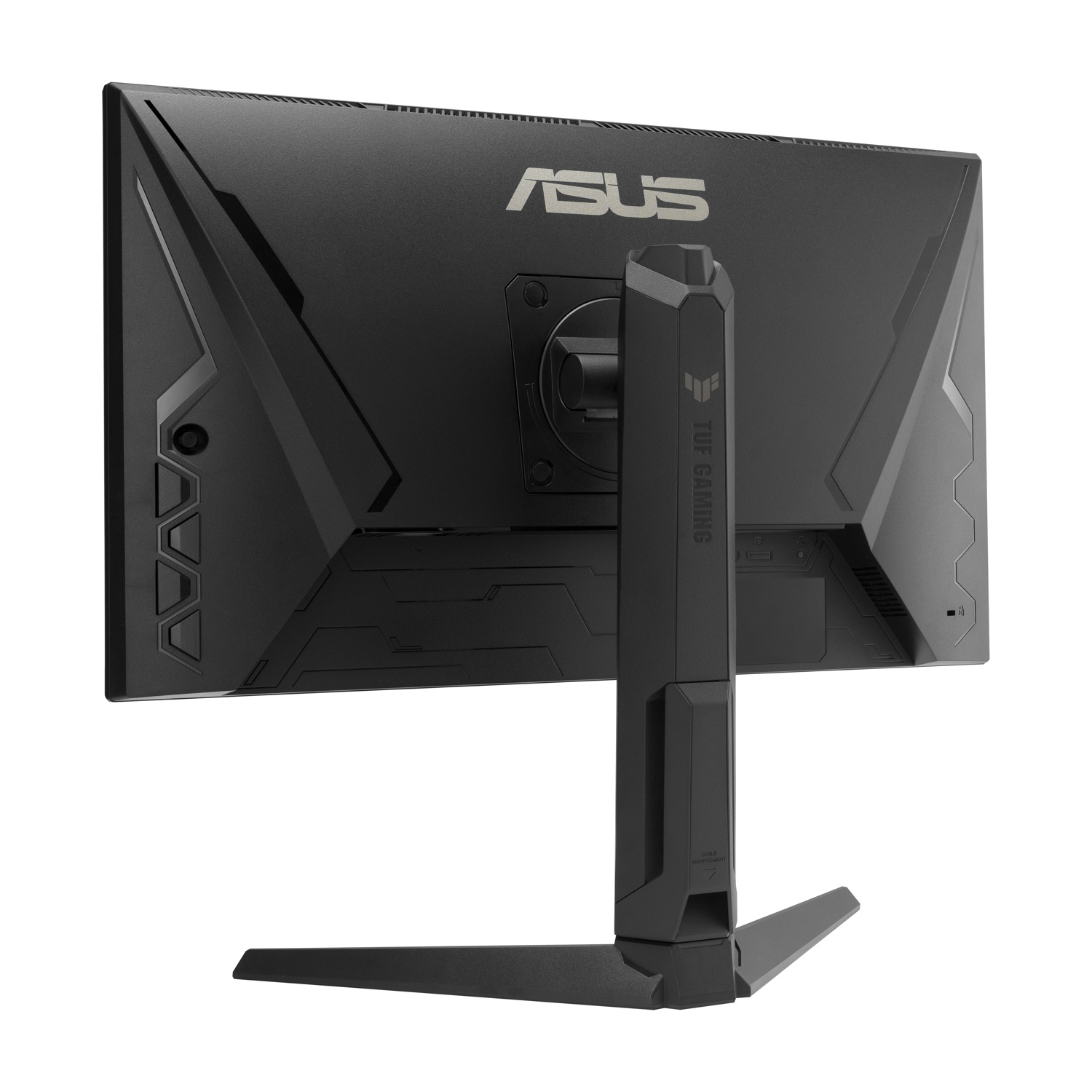 Vista posteriore di un monitor gaming Asus nero con logo argento.