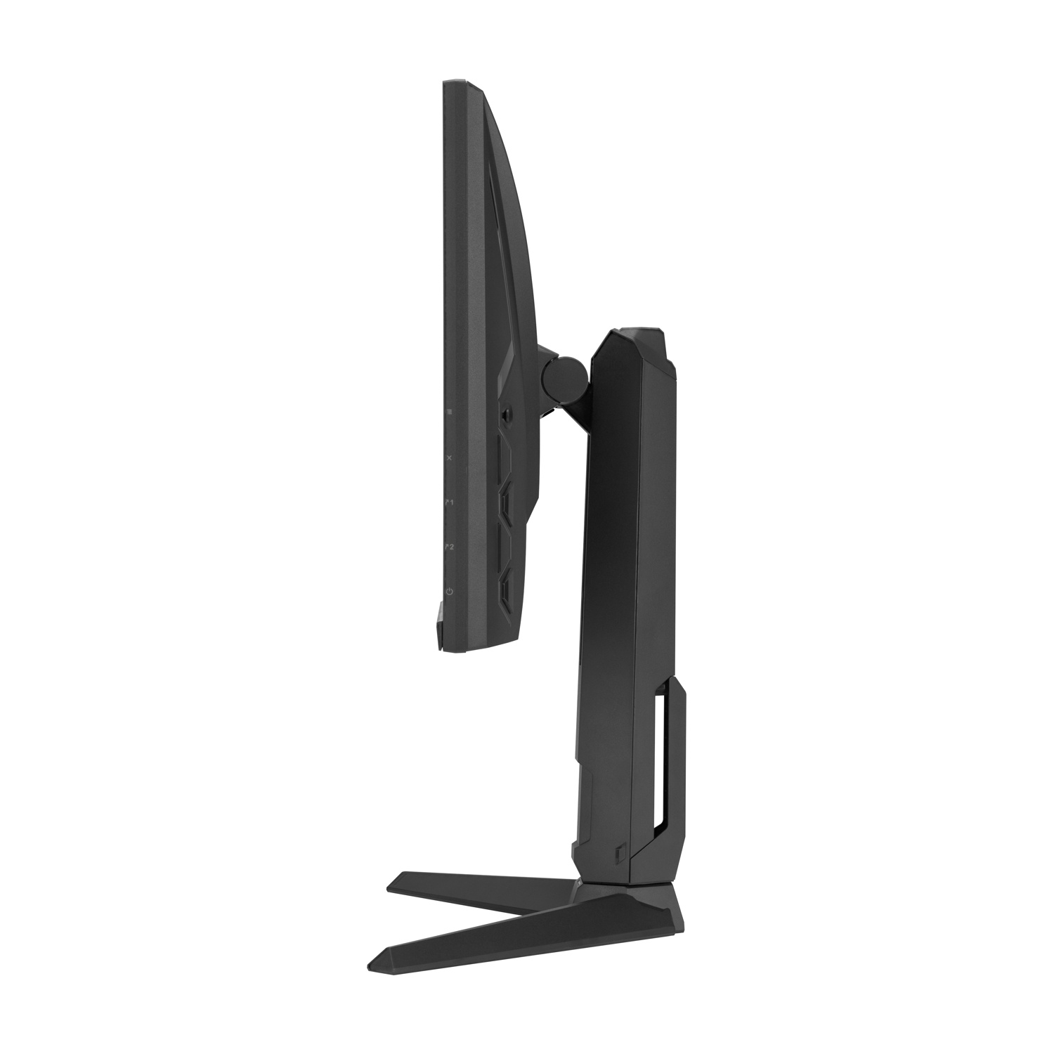 Un monitor per computer nero con supporto girevole, visto di profilo.