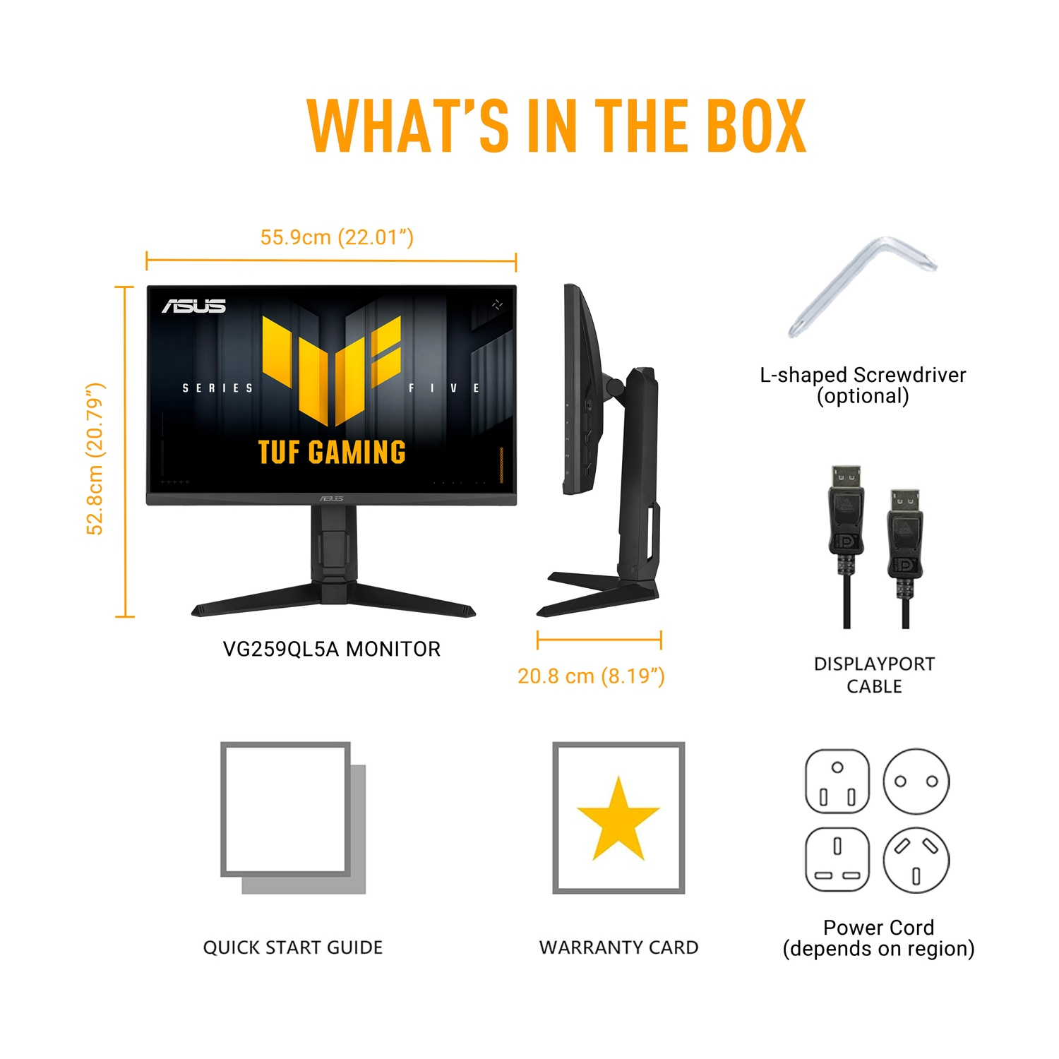 Monitor ASUS TUF Gaming, cavi, cacciavite, guida rapida, scheda di garanzia, cavi di alimentazione.