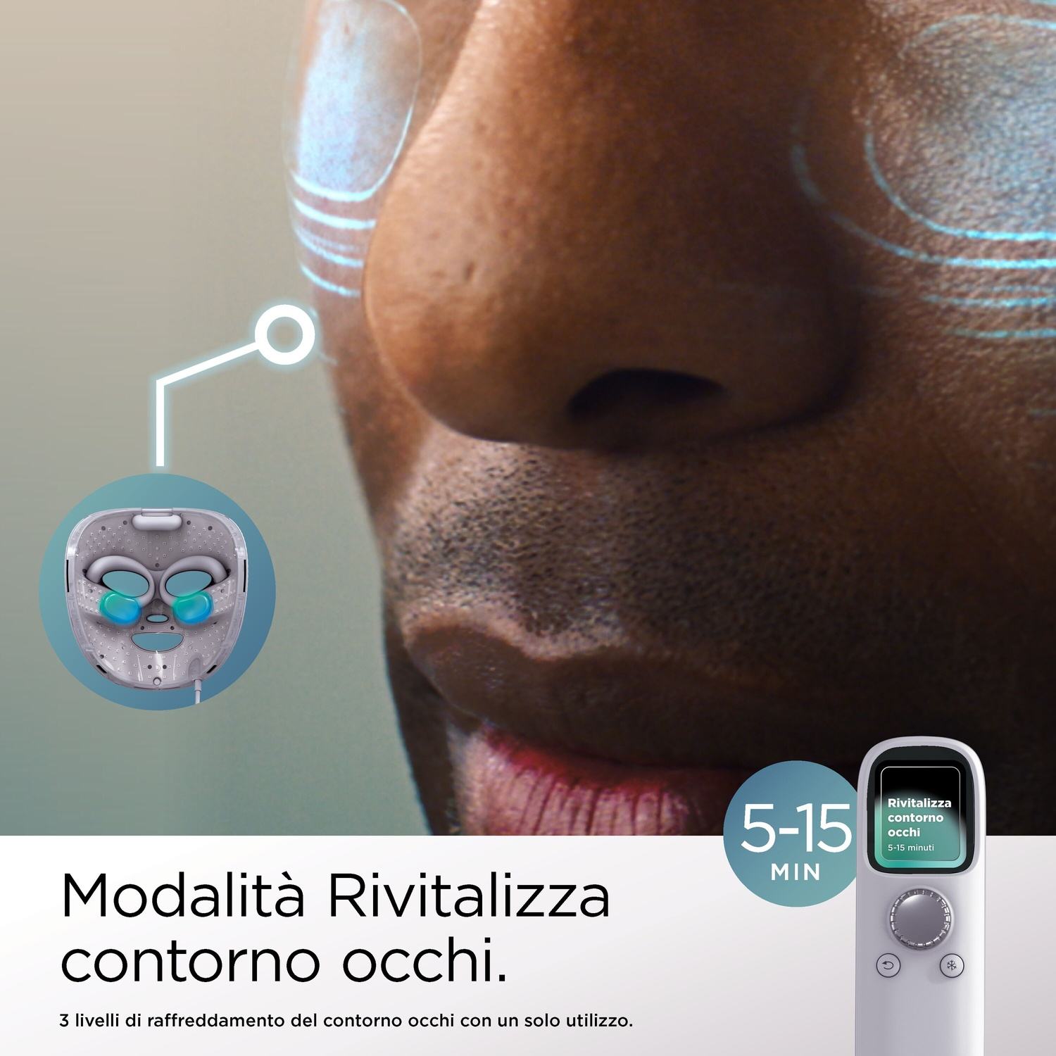Primo piano di un uomo con dispositivo contorno occhi e telecomando.
