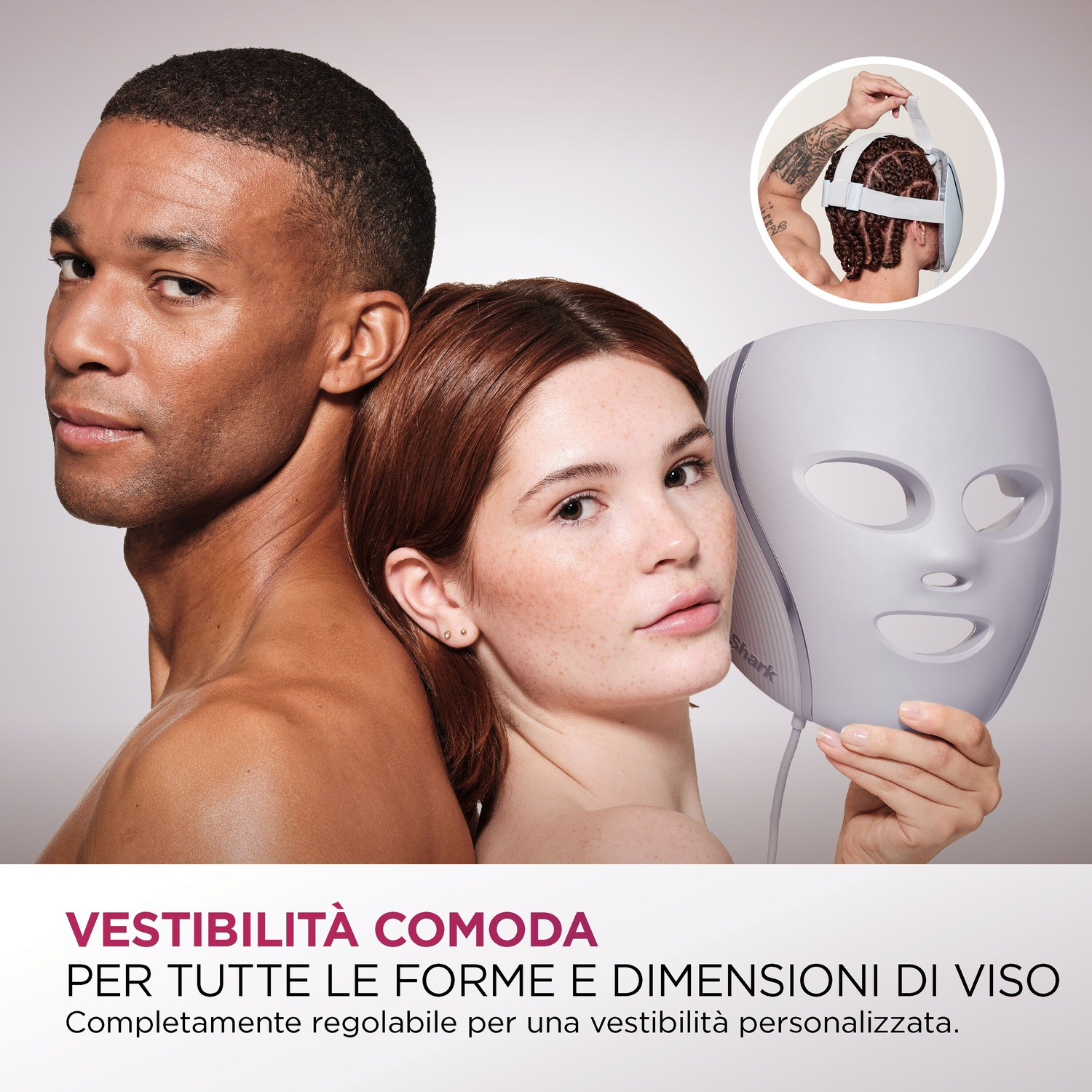 Uomo e donna con maschera facciale. Uomo tiene maschera, donna si appoggia.