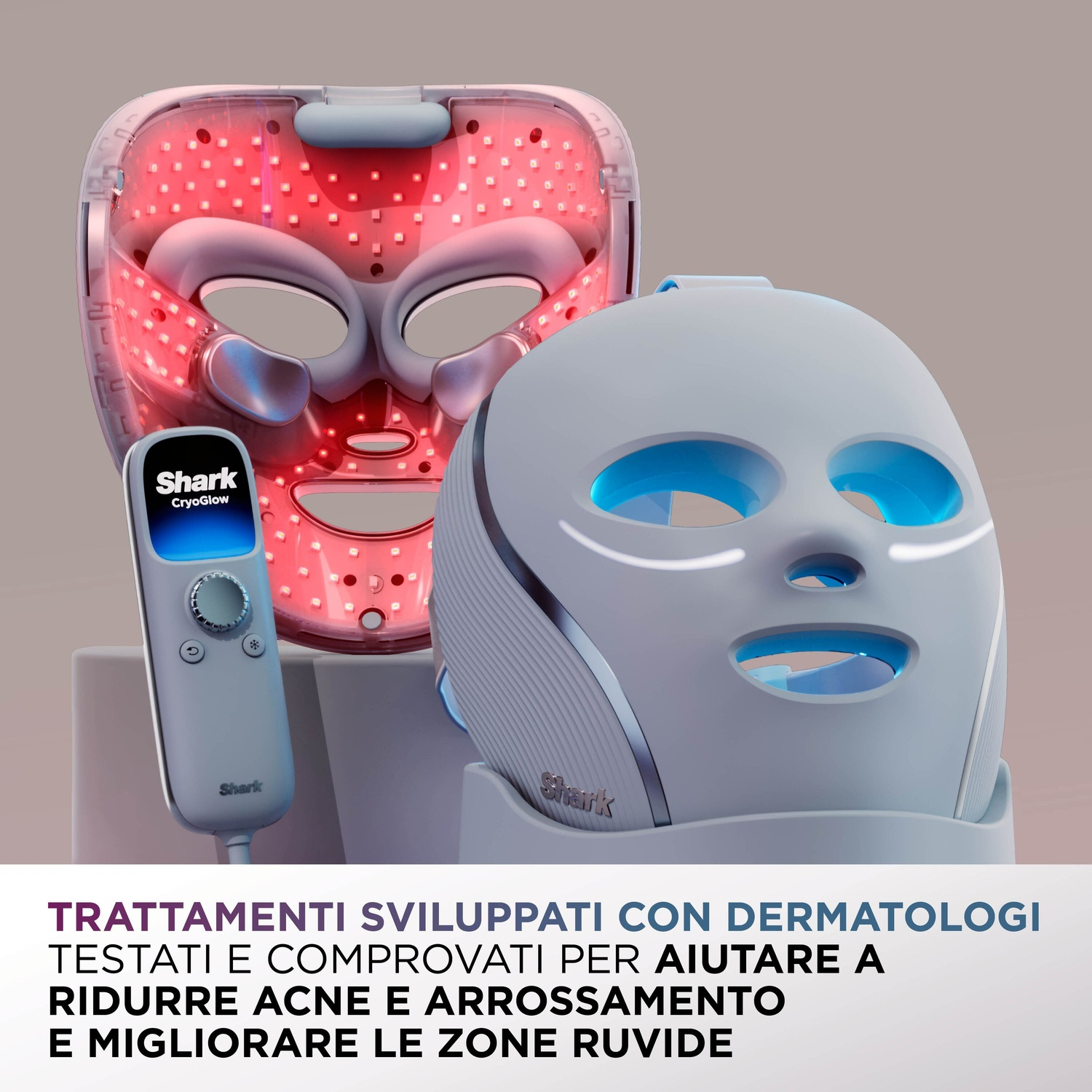 Due maschere facciali, una con luci rosse, una con luci blu. Un dispositivo di controllo.