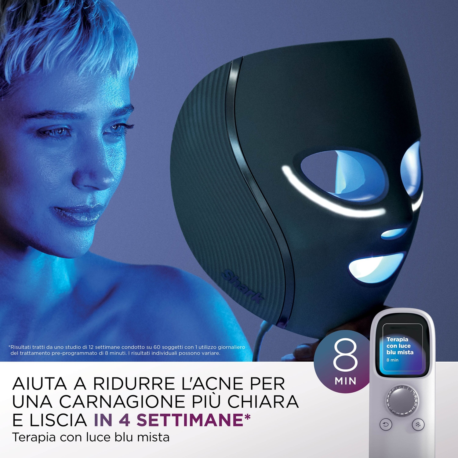 Una donna con viso illuminato da luce blu accanto a maschera LED blu e telecomando.