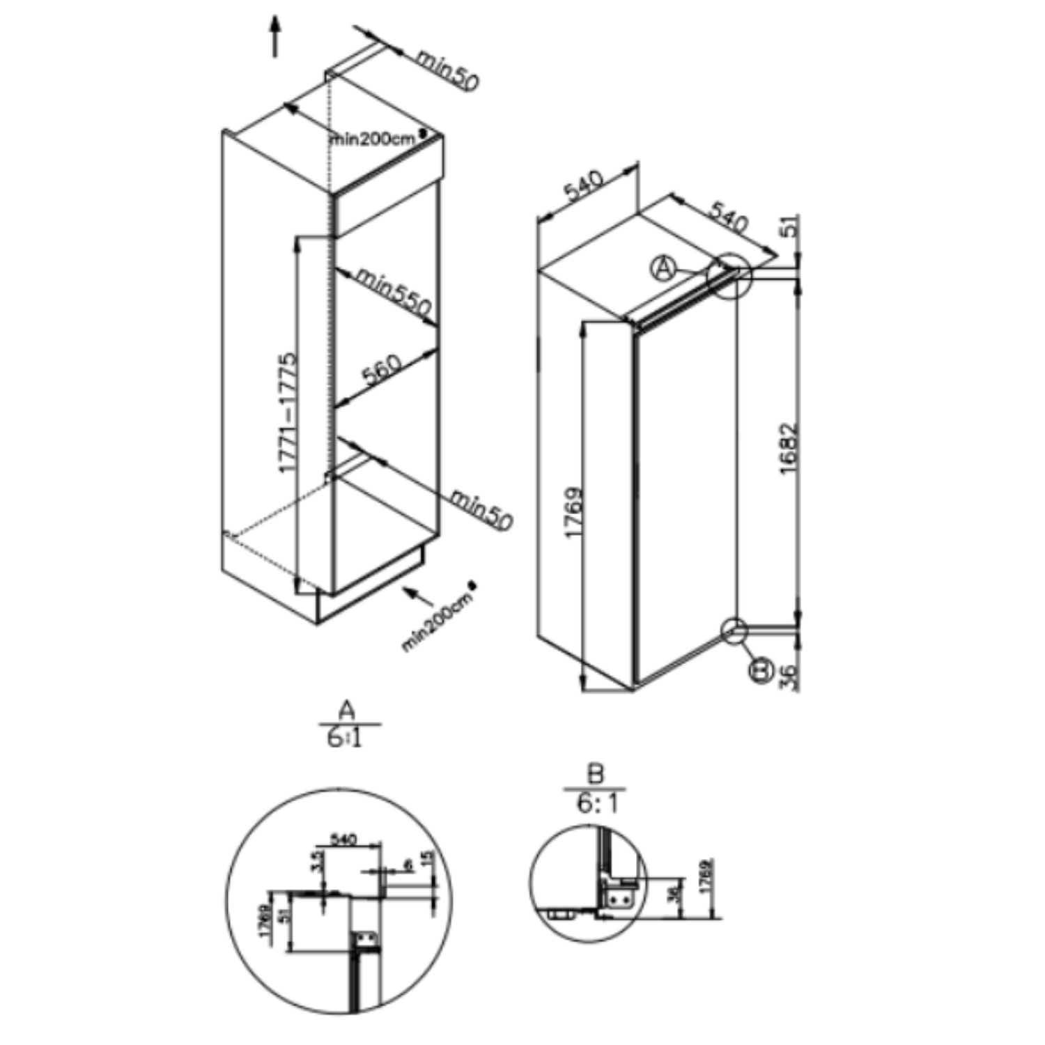 Dibujo técnico de un armario con dimensiones y notas de instalación.