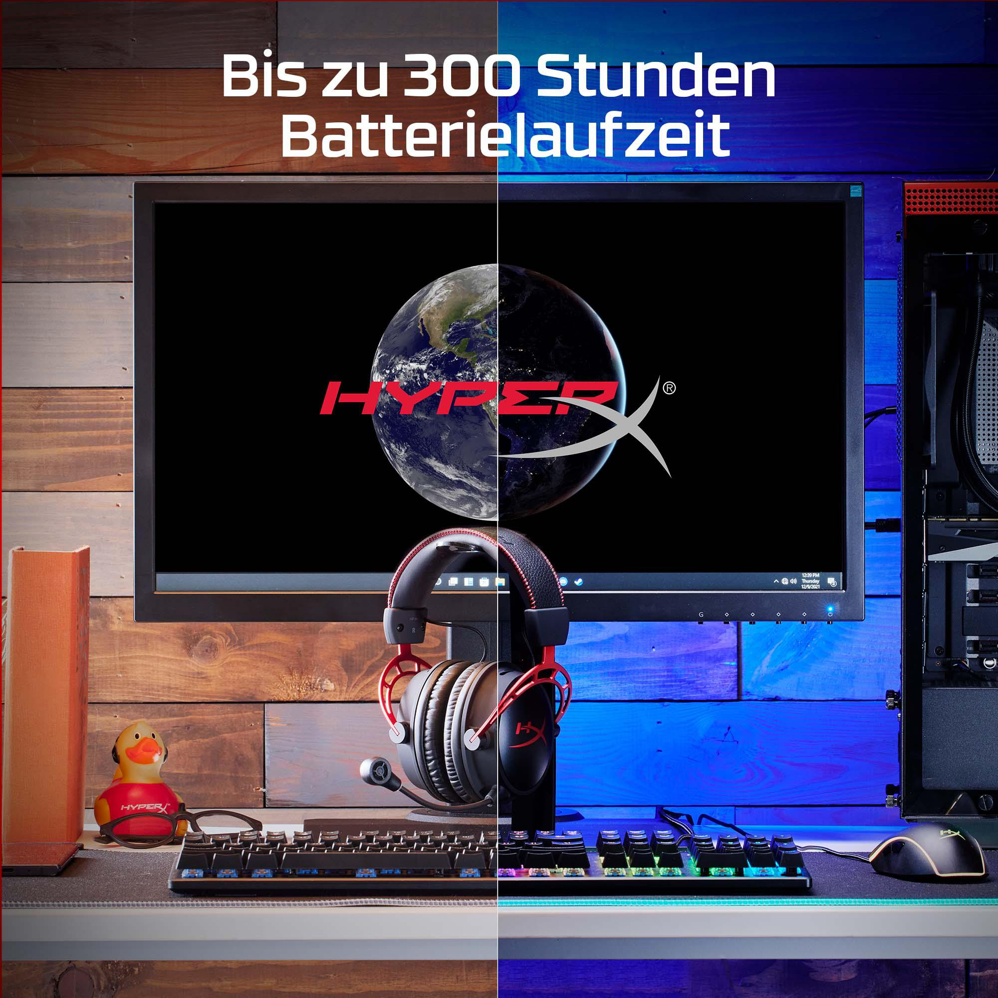 Gaming-Setup mit Kopfhörern, Tastatur, Maus und PC. Monitor zeigt die Erde und HyperX-Logo.