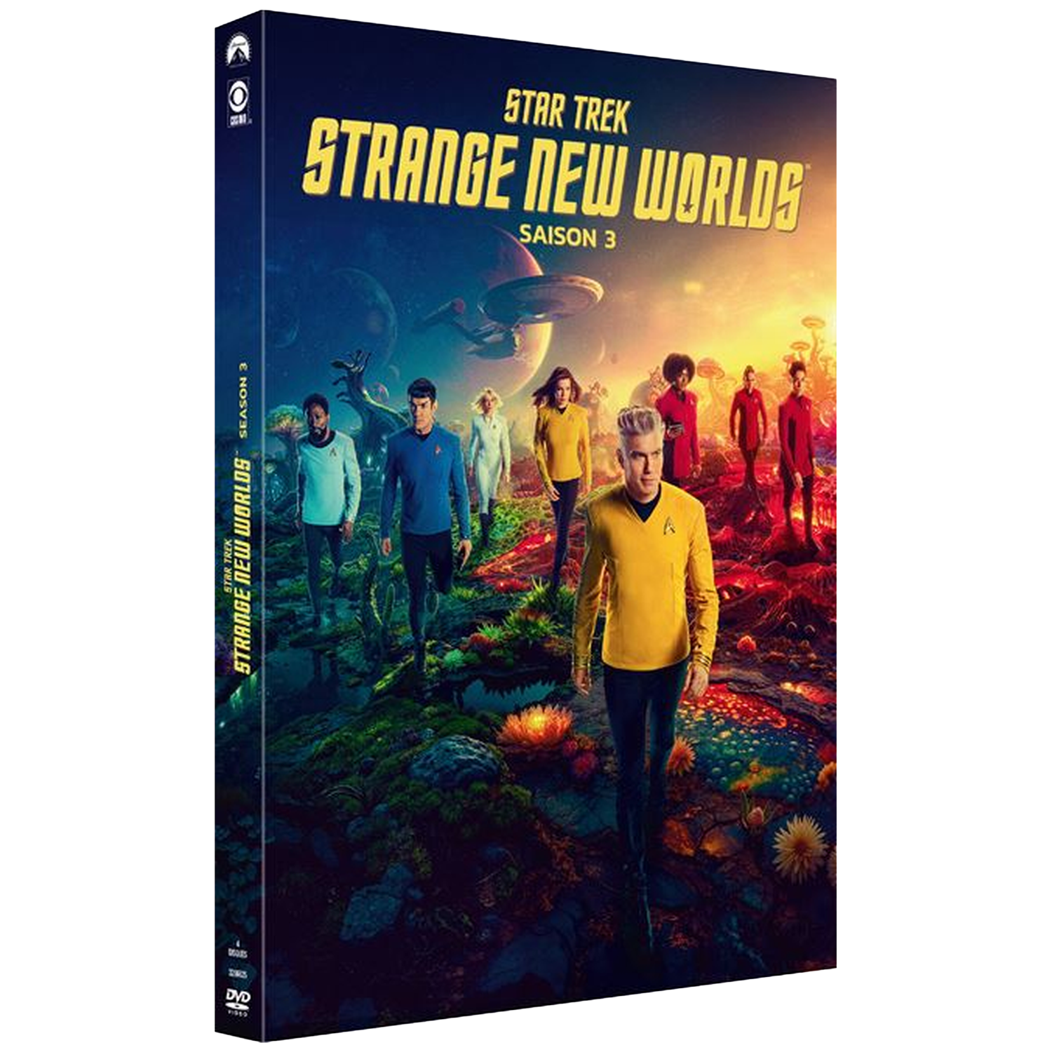Star Trek Strange New Worlds Seizoen 3 dvd-hoes met bemanning voor buitenaards landschap.