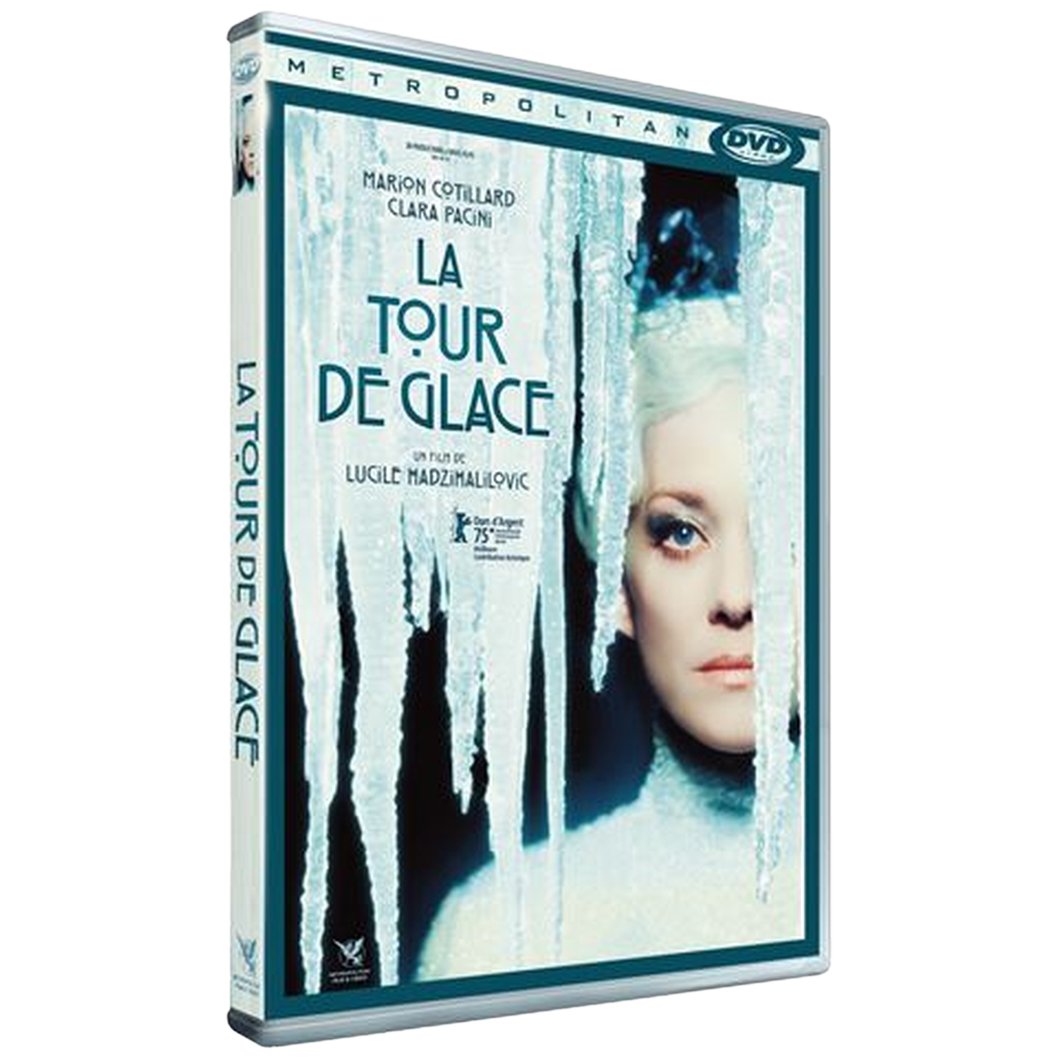 Dvd-hoes met een vrouw die door ijspegels kijkt. Titel: La Tour de Glace.
