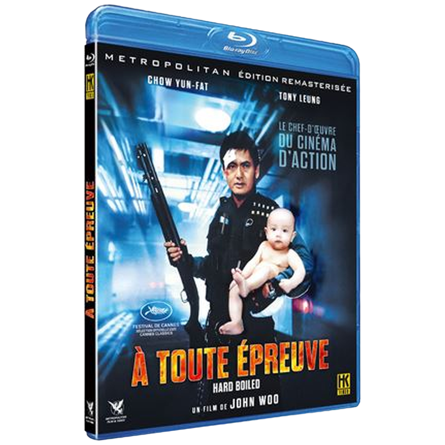 Man met baby en geweer. Blu-ray cover. Actiefilm.