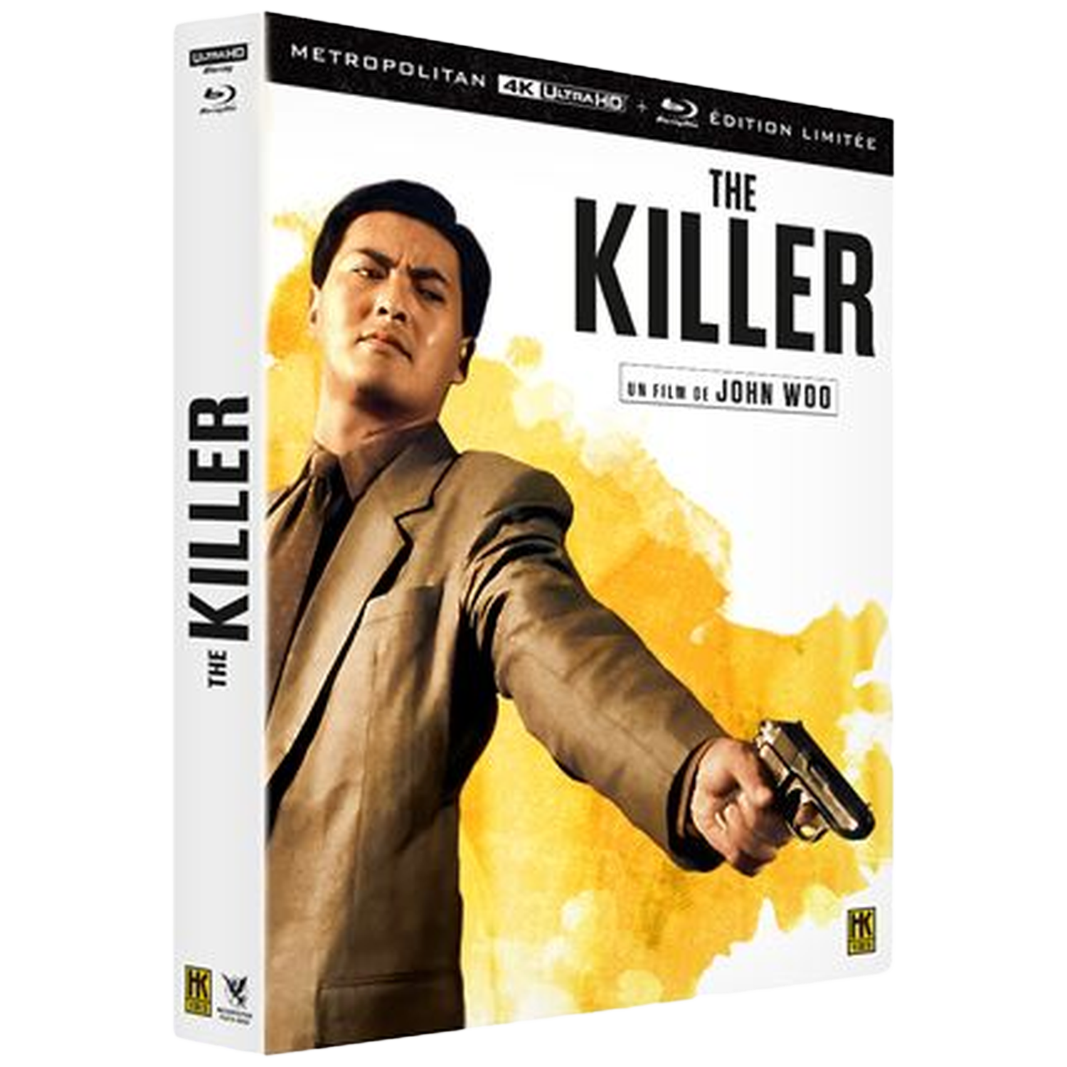 Een man in een bruin pak houdt een pistool vast. De filmtitel is 'The Killer'.