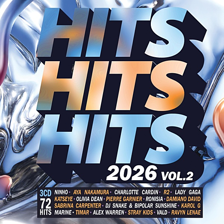 Couverture de Hits 2026 Vol. 2 avec texte triple "Hits" et noms d'artistes.