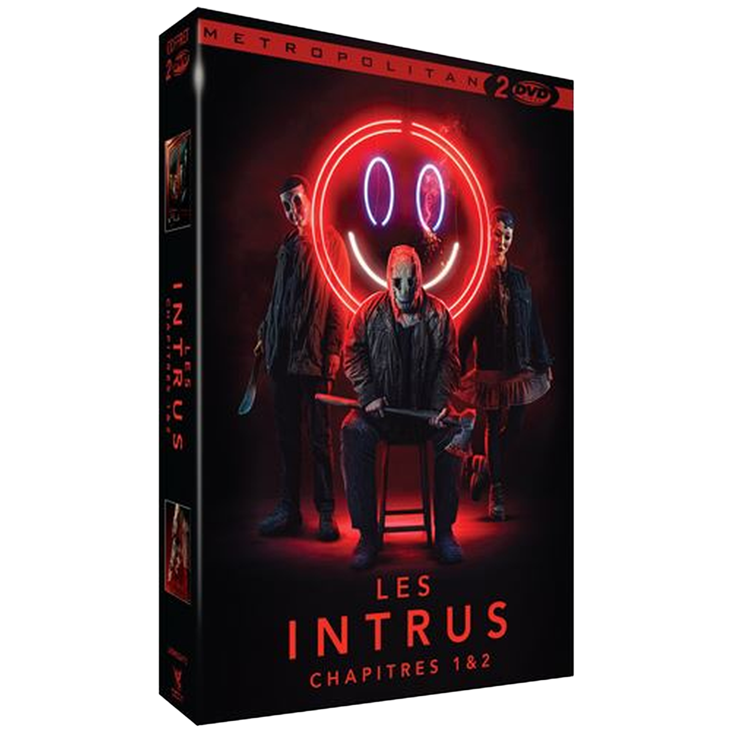 Trois personnages masqués devant une néon smiley rouge sur une jaquette DVD.