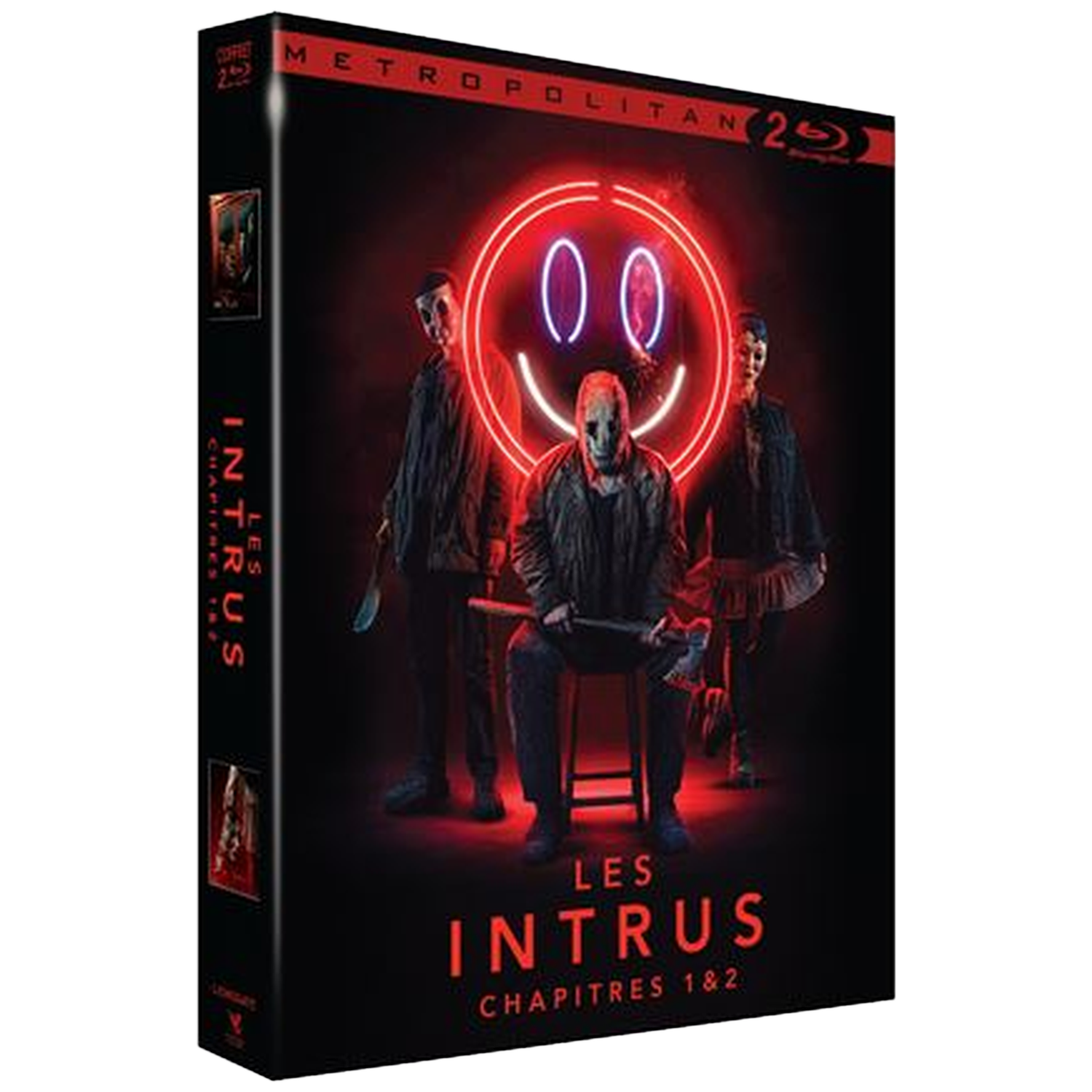Drie gemaskerde figuren staan voor een rood smiley neonlicht. Blu-ray hoes.