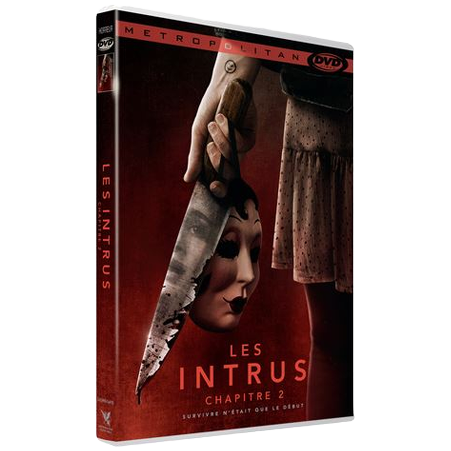 Jaquette DVD avec un couteau tenant un masque. Titre : Les Intrus.