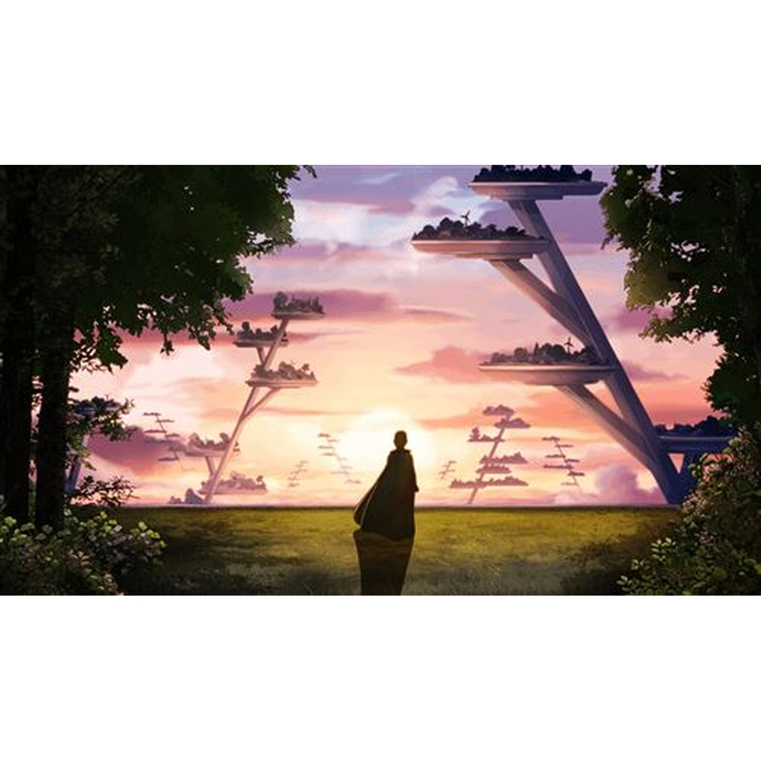 Een persoon staat in een veld voor futuristische structuren bij zonsondergang.